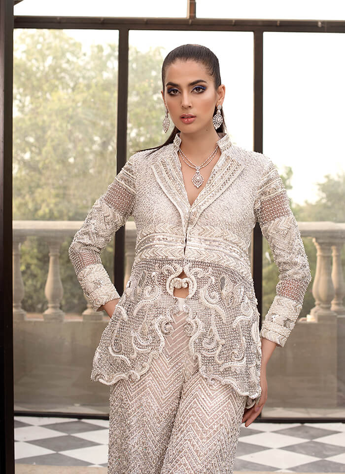 Pakistani Ivory Hand-Embellished Silk Peplum Jacket (2-Piece) - Image 3