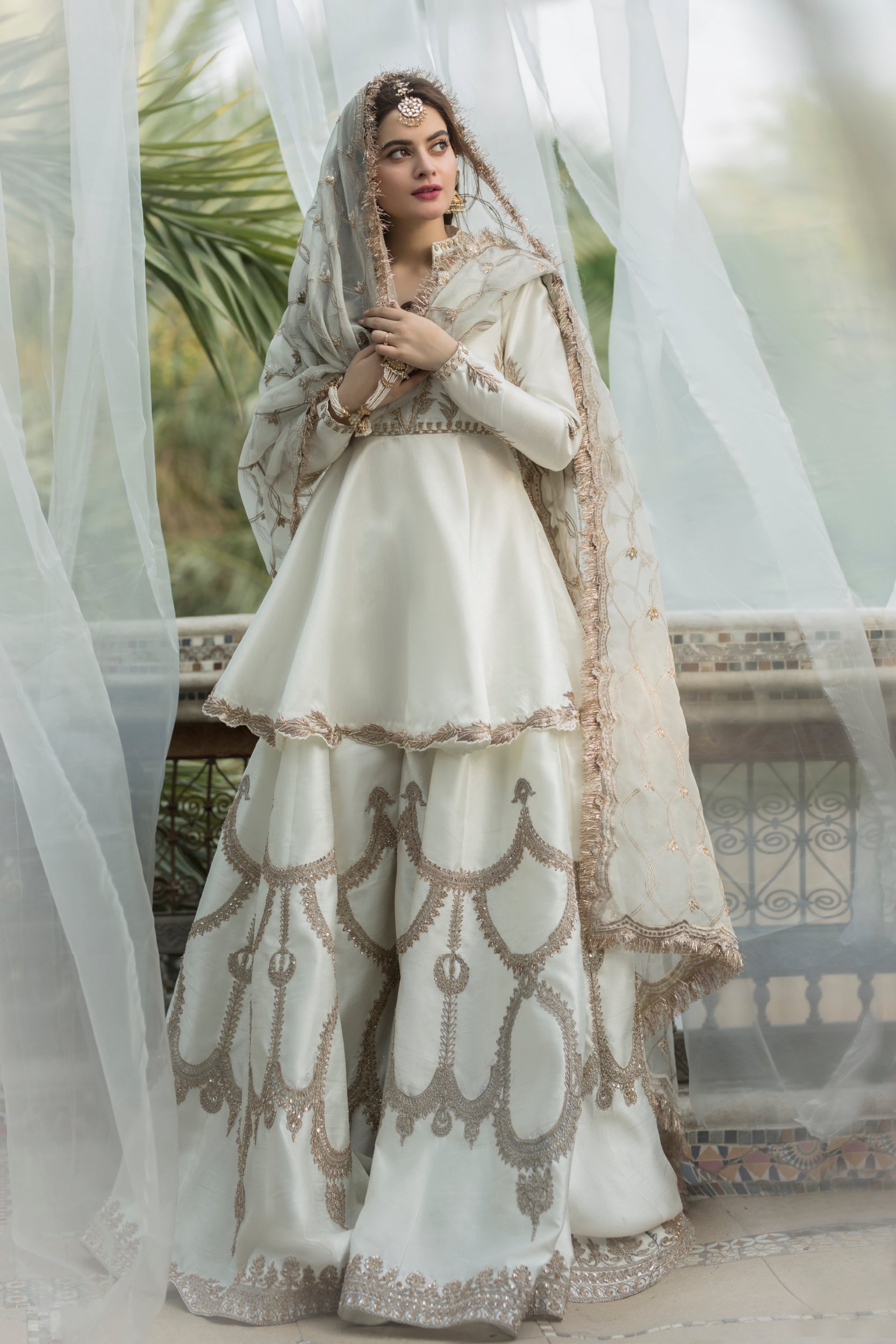 Ivory Embroidered Silk Peplum with Wide-Leg Trousers (3-Piece) - Image 1