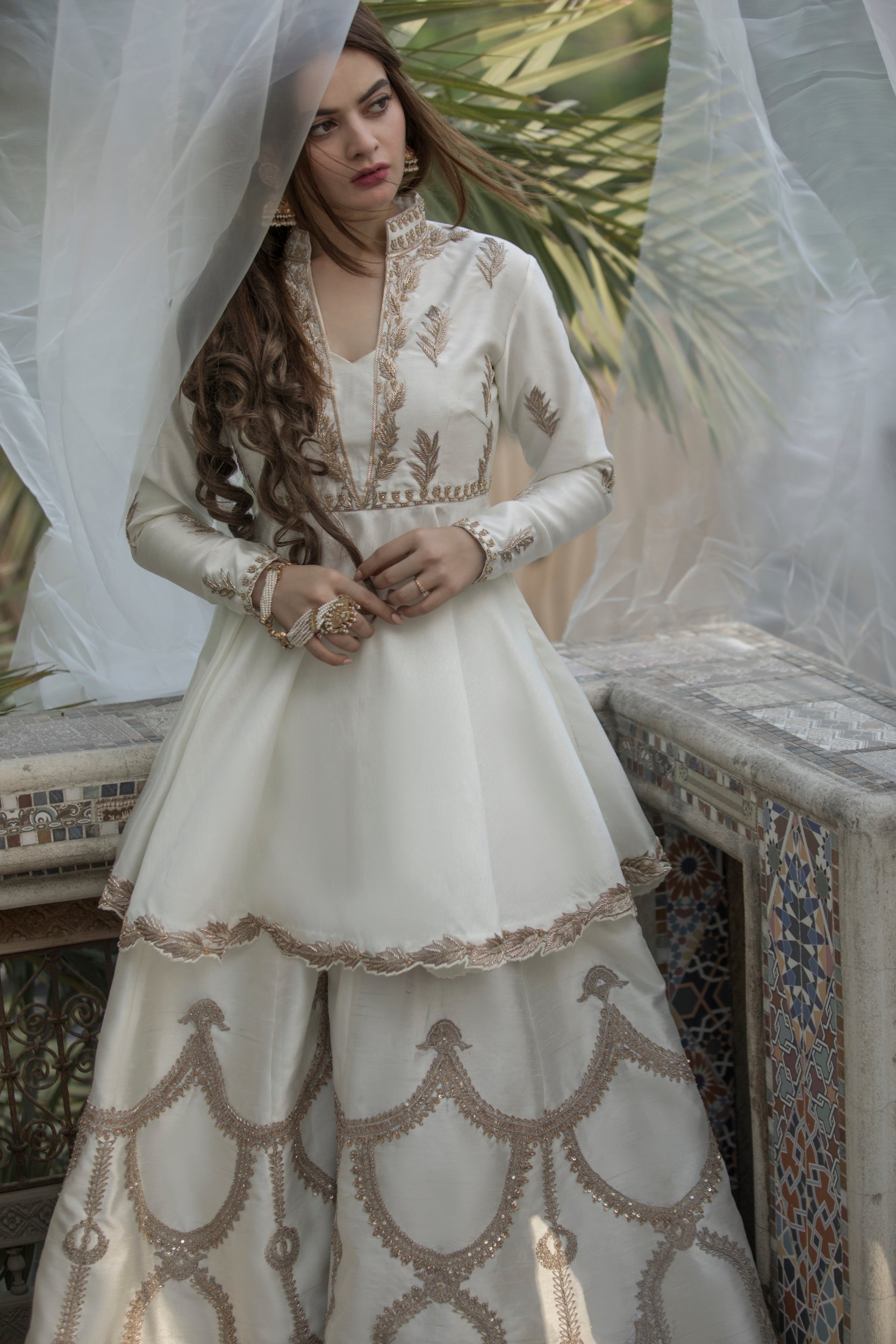Ivory Embroidered Silk Peplum with Wide-Leg Trousers (3-Piece) - Image 2