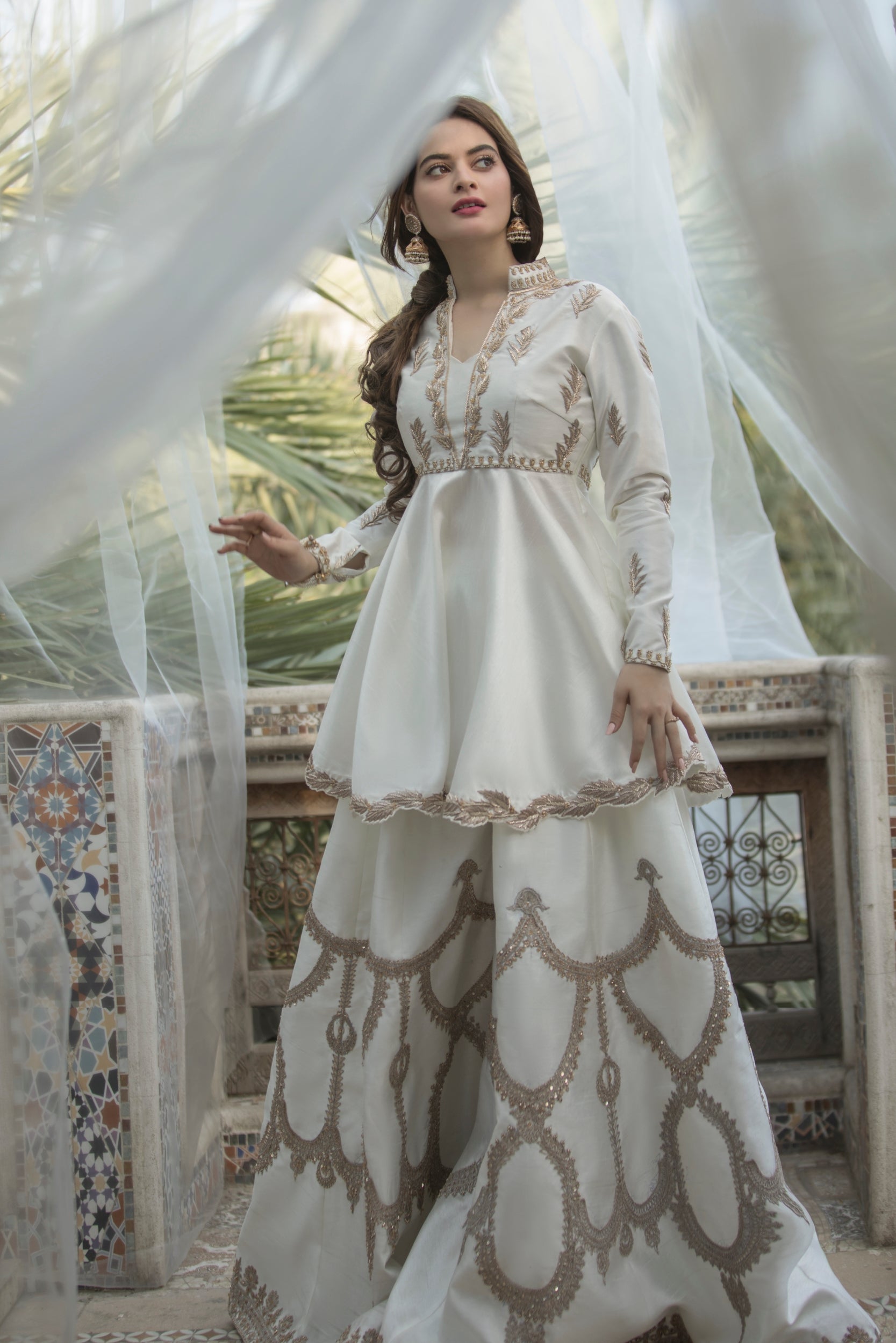 Ivory Embroidered Silk Peplum with Wide-Leg Trousers (3-Piece) - Image 4