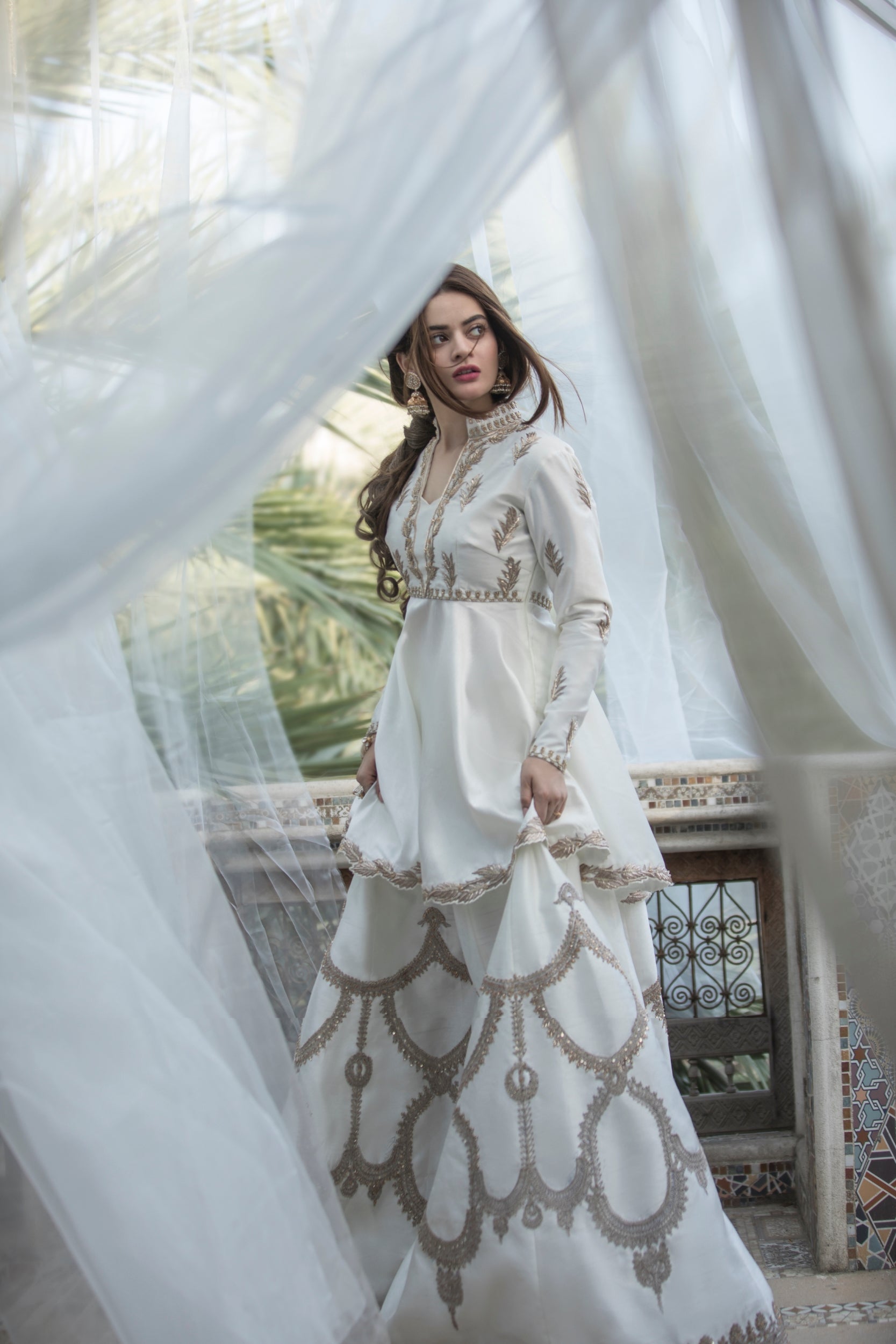 Ivory Embroidered Silk Peplum with Wide-Leg Trousers (3-Piece) - Image 6