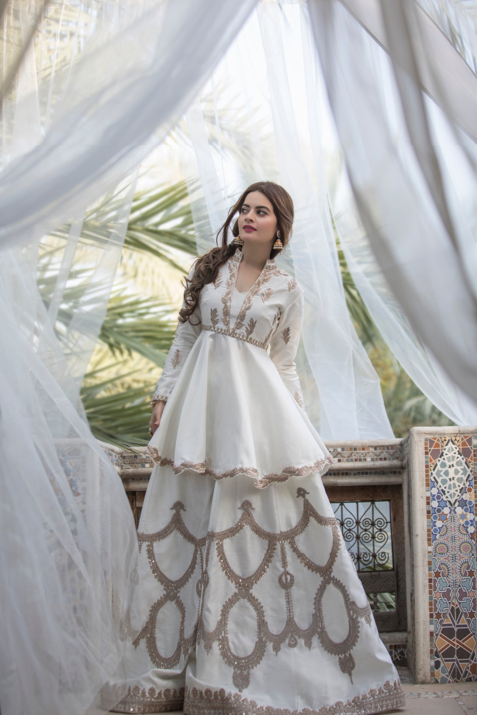 Ivory Embroidered Silk Peplum with Wide-Leg Trousers (3-Piece) - Image 7