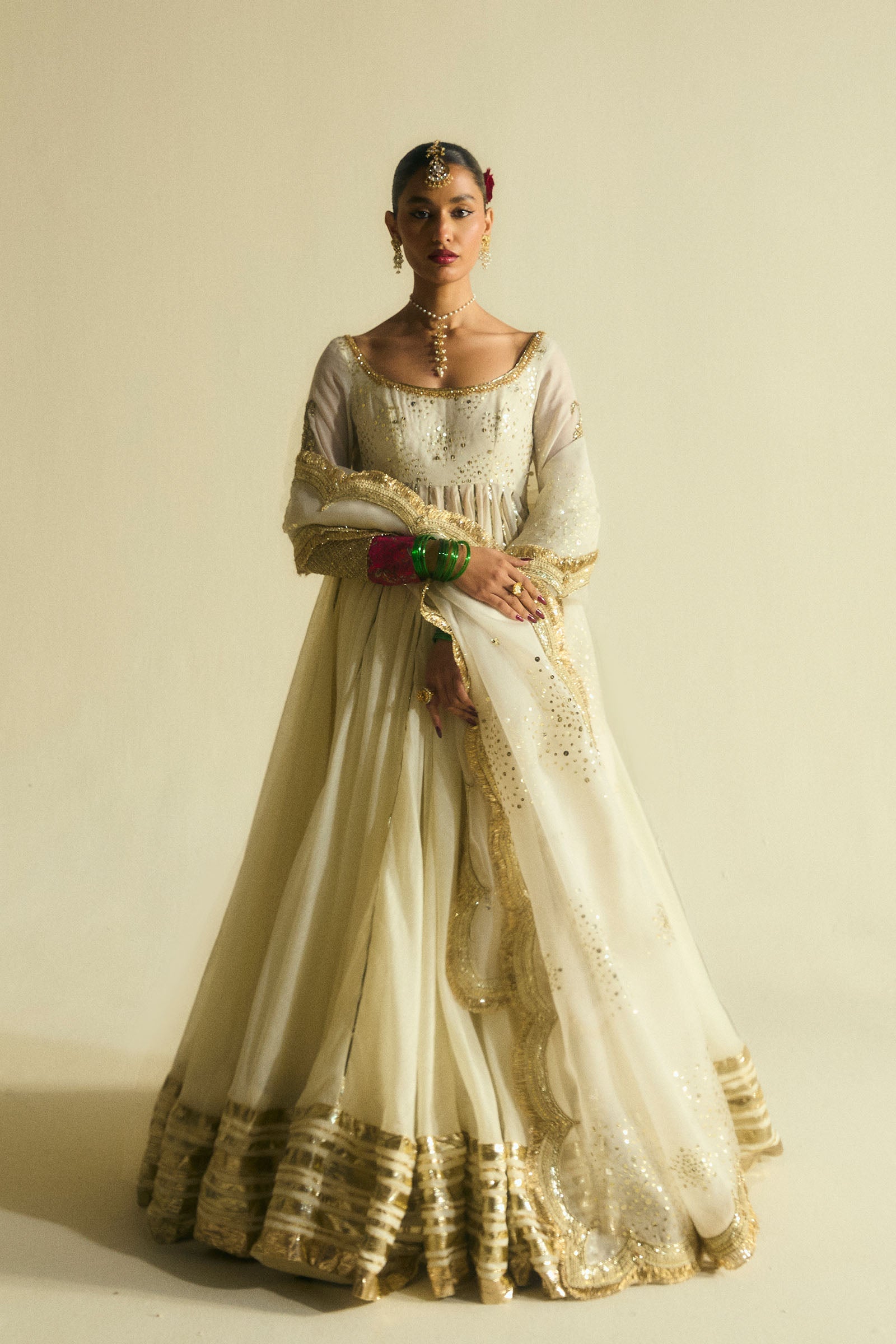 Ivory Sequin Chanderi Pishwas Dress (3-Piece) - Image 1