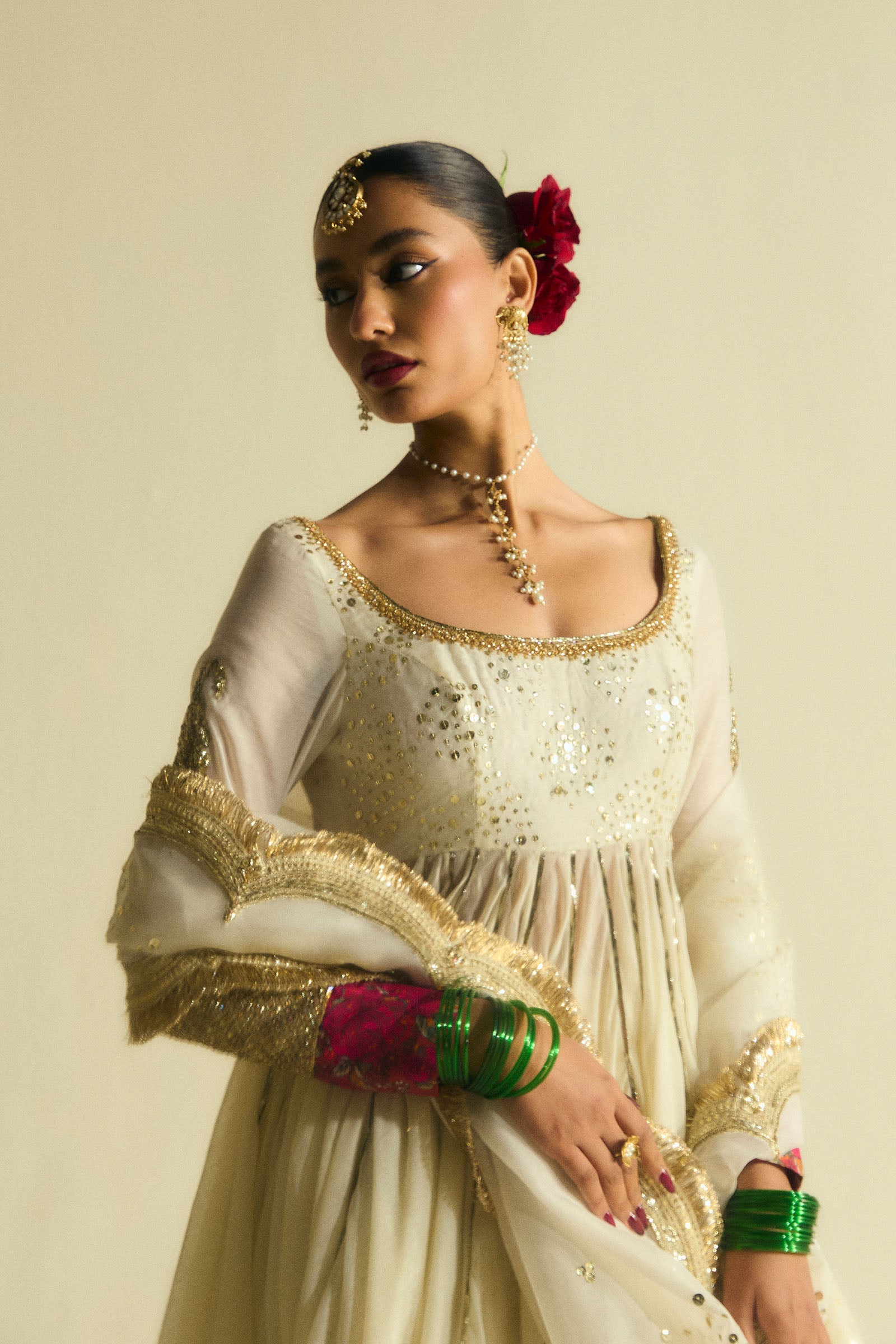 Ivory Sequin Chanderi Pishwas Dress (3-Piece) - Image 2