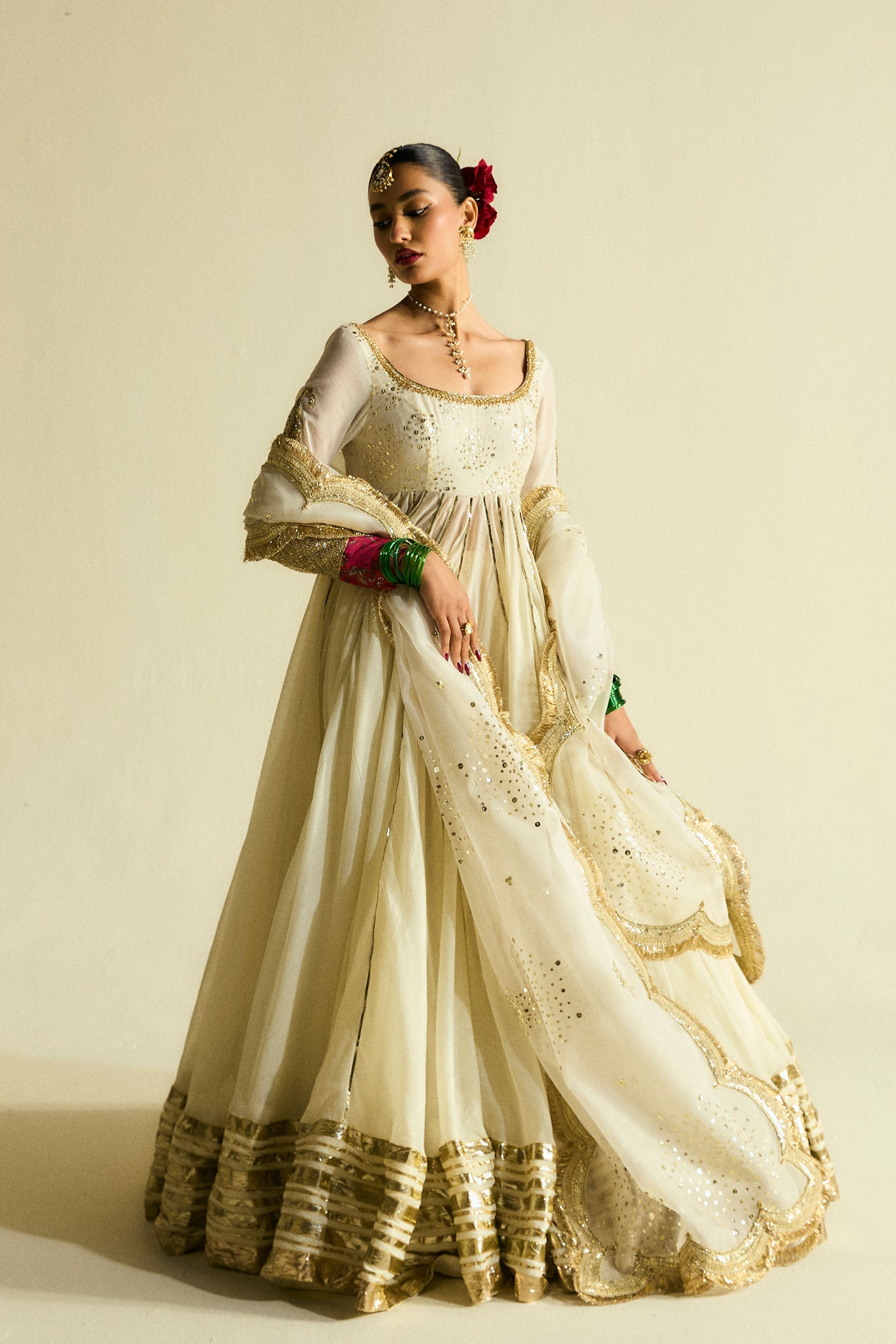 Ivory Sequin Chanderi Pishwas Dress (3-Piece) - Image 3