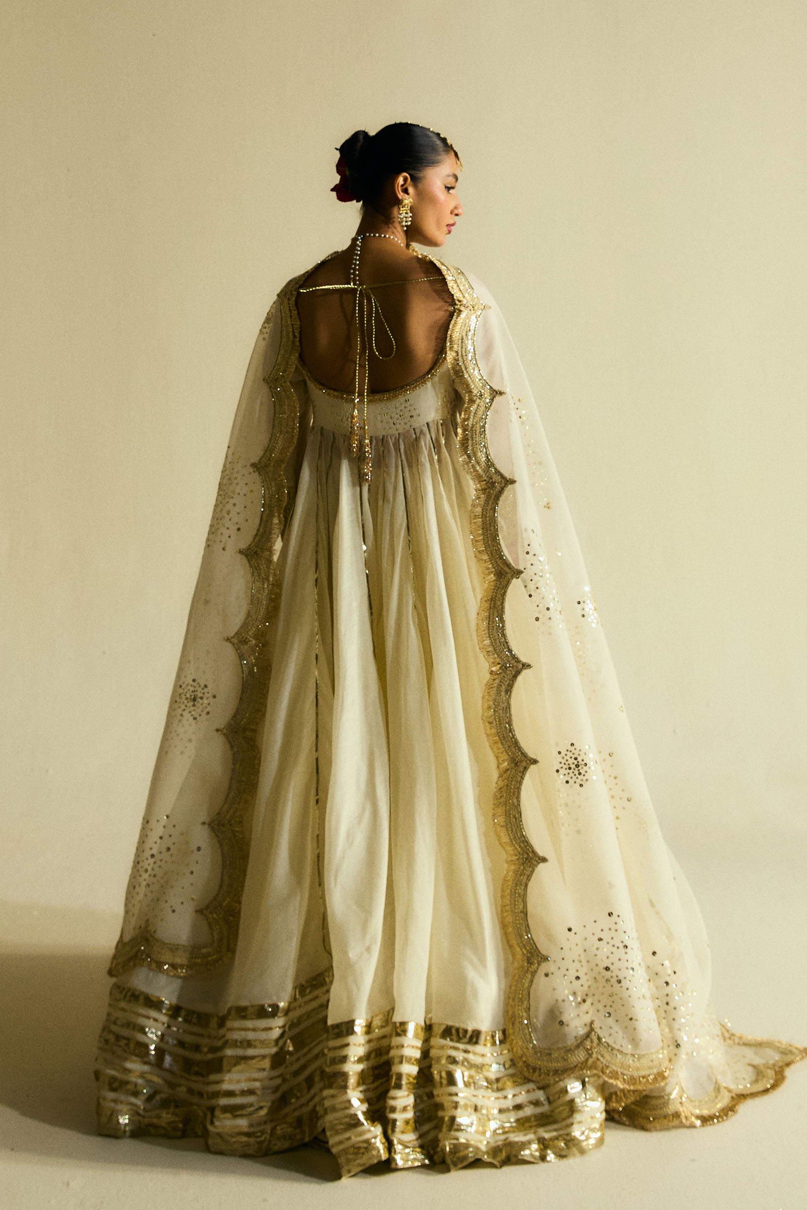 Ivory Sequin Chanderi Pishwas Dress (3-Piece) - Image 4