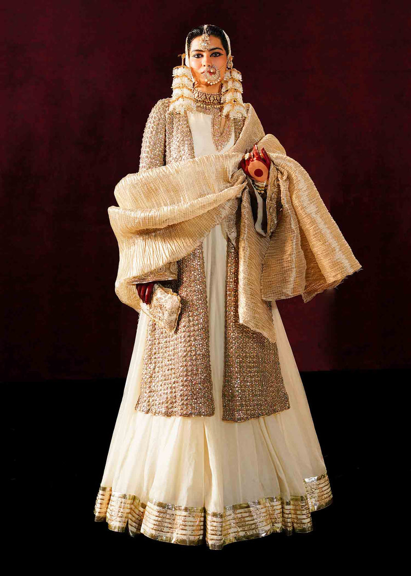 Pakistani Ivory Gota Mukesh Chanderi Silk Pishwas (3-Piece) - Image 1