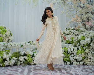 Ivory Embroidered Chiffon Pishwas (3-Piece) - Image 3