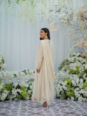 Ivory Embroidered Chiffon Pishwas (3-Piece) - Image 5