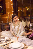 Ivory Gold Embroidered Chiffon Kalidaar Pishwas (3-Piece) - Image 3