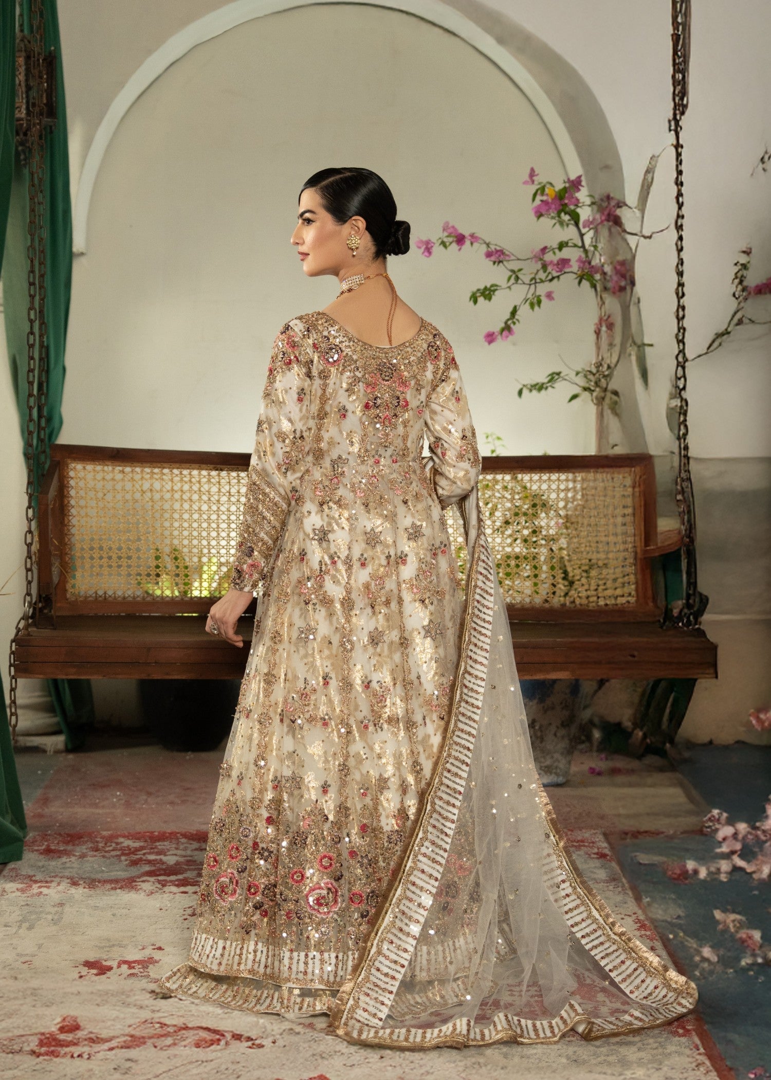 Ivory Embroidered Net Chiffon Pishwas Dress (3-Piece) - Image 10