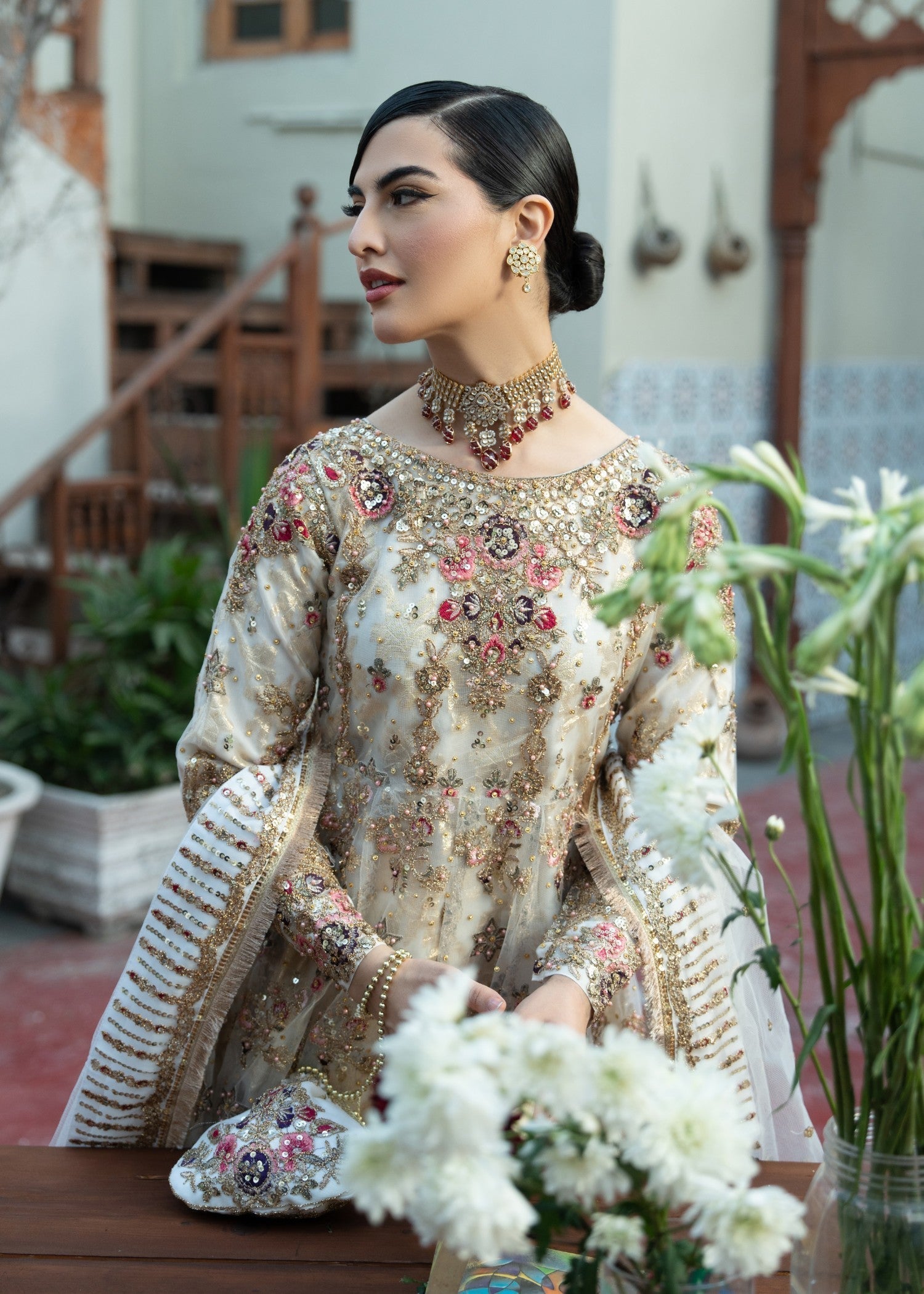 Ivory Embroidered Net Chiffon Pishwas Dress (3-Piece) - Image 2