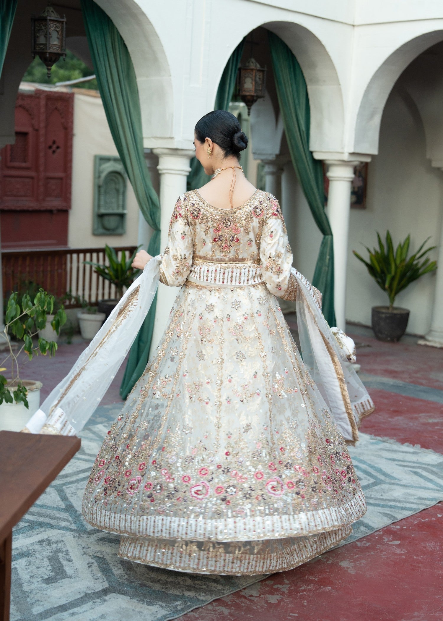 Ivory Embroidered Net Chiffon Pishwas Dress (3-Piece) - Image 3