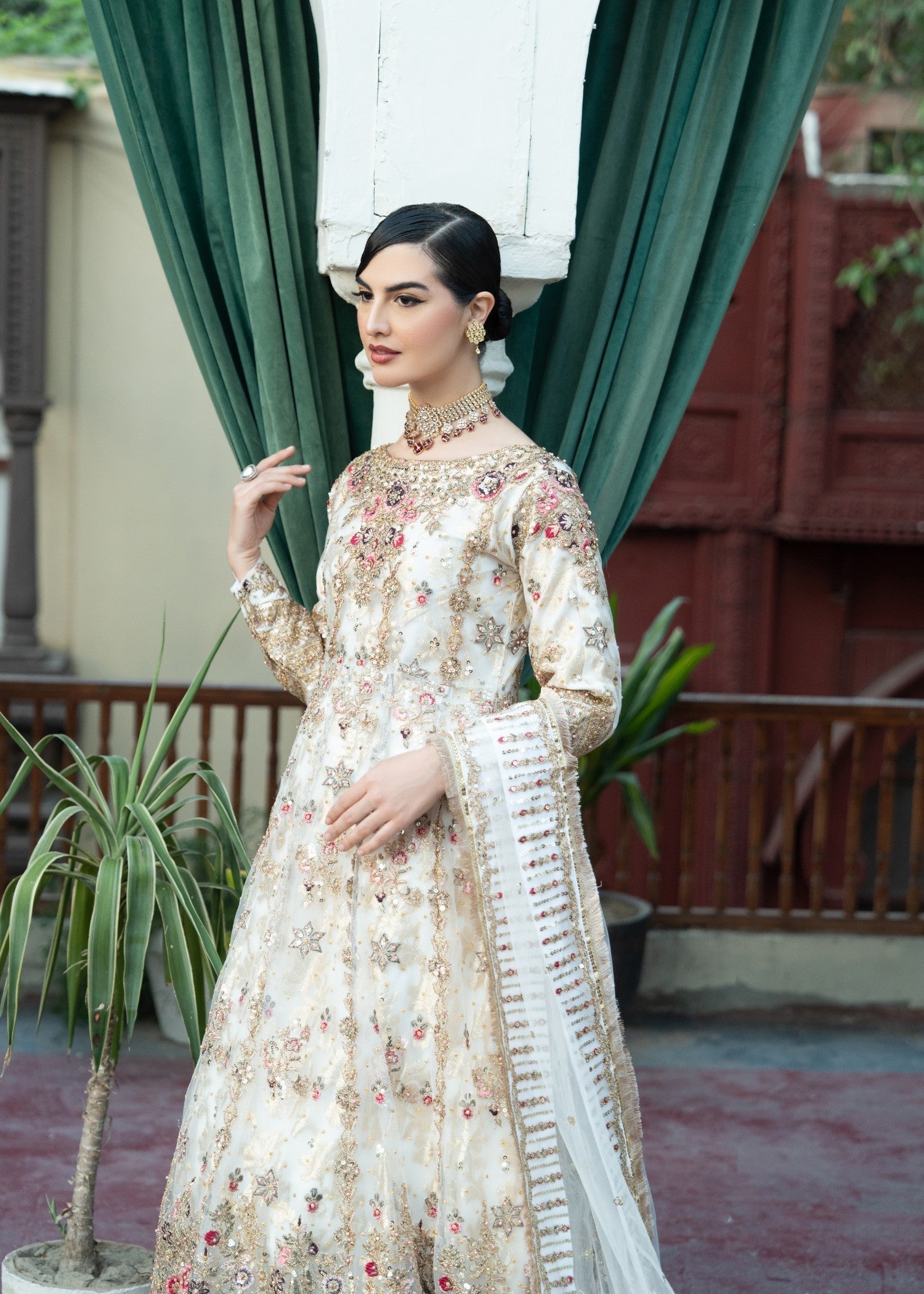 Ivory Embroidered Net Chiffon Pishwas Dress (3-Piece) - Image 5