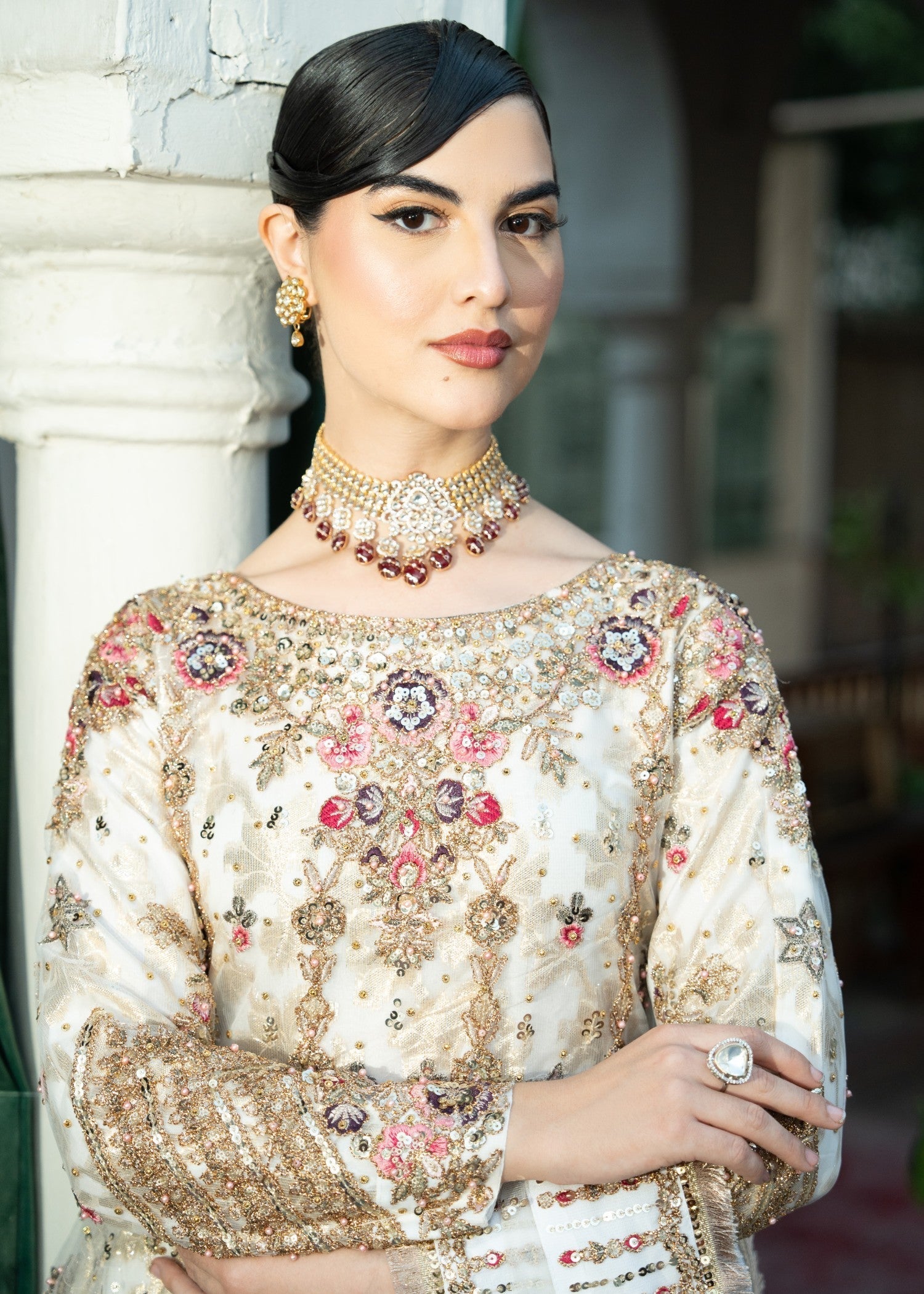 Ivory Embroidered Net Chiffon Pishwas Dress (3-Piece) - Image 8