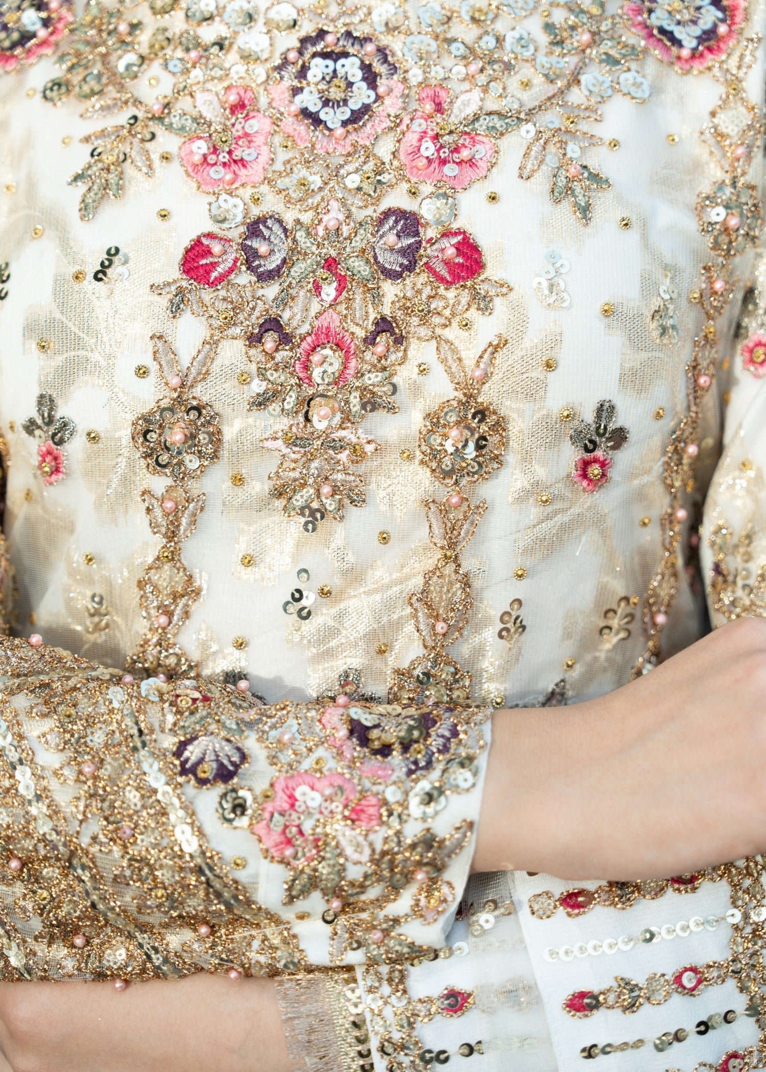 Ivory Embroidered Net Chiffon Pishwas Dress (3-Piece) - Image 9