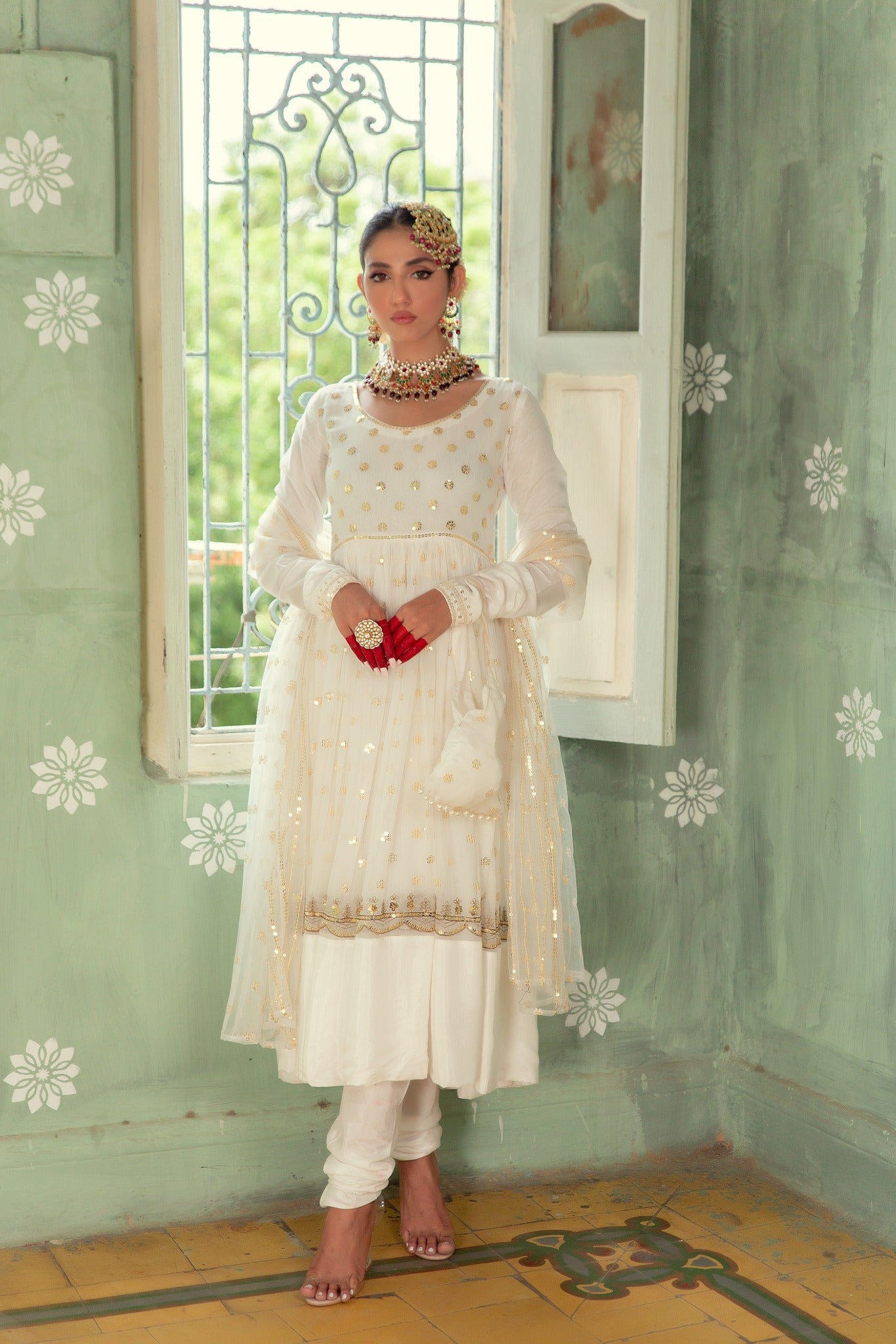 Ivory Sequin Embroidered Chiffon Pishwas (3-Piece) - Image 1