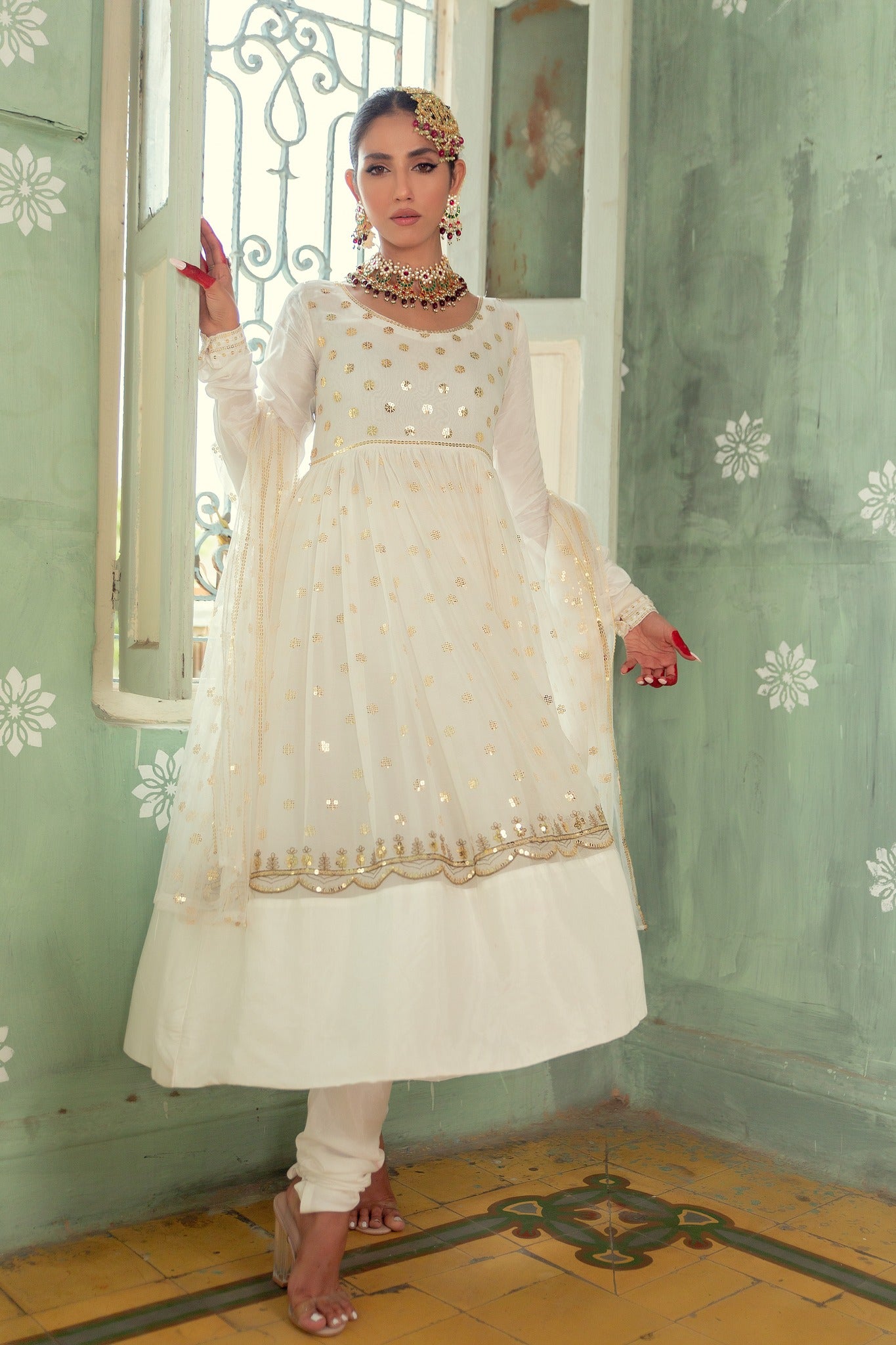 Ivory Sequin Embroidered Chiffon Pishwas (3-Piece) - Image 4