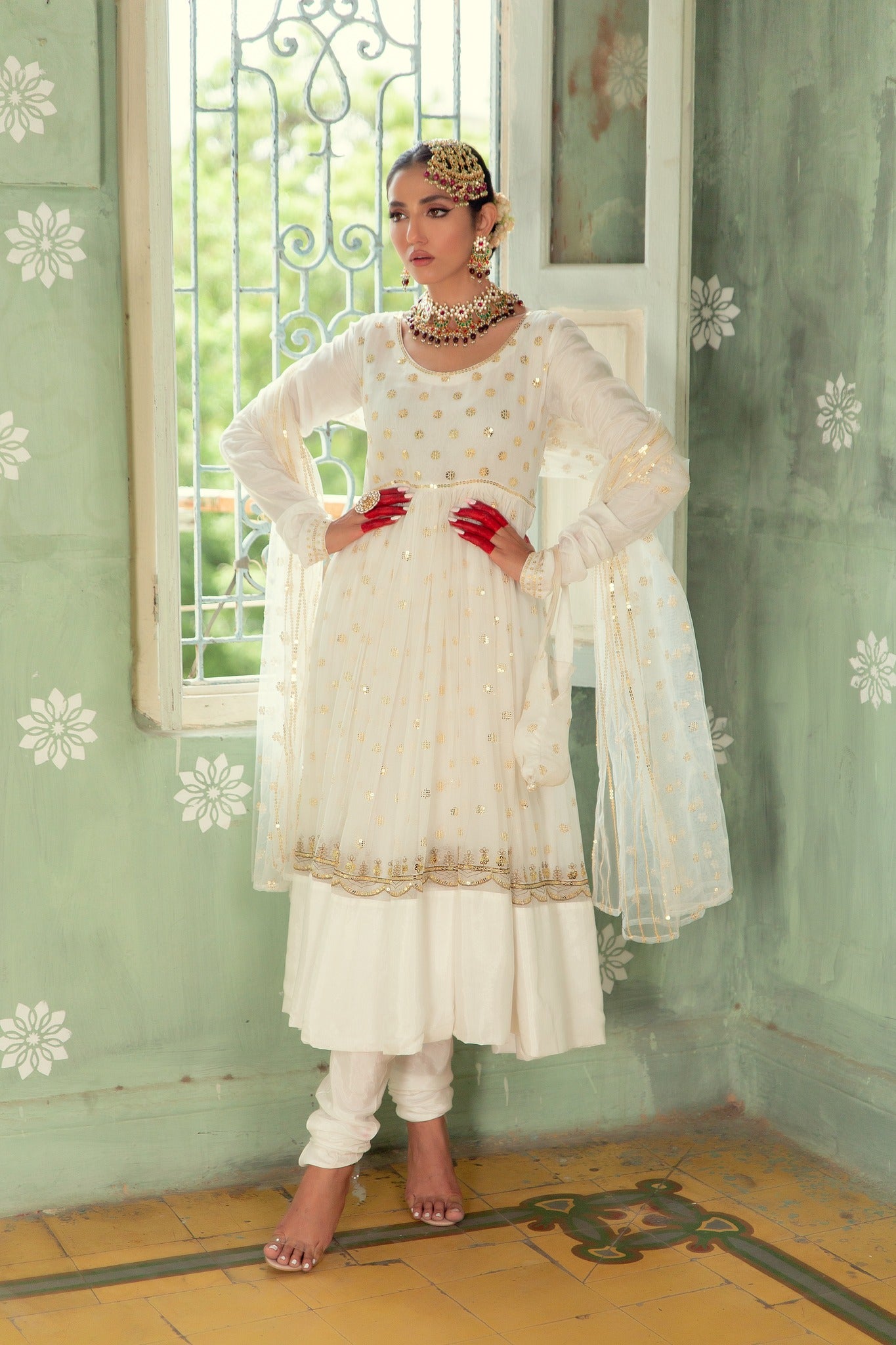 Ivory Sequin Embroidered Chiffon Pishwas (3-Piece) - Image 6