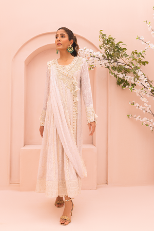 Pakistani Ivory Embroidered Chiffon Angharka Pishwas (3-Piece) - Image 1