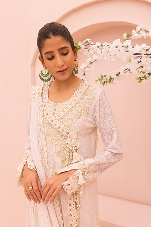 Pakistani Ivory Embroidered Chiffon Angharka Pishwas (3-Piece) - Image 2