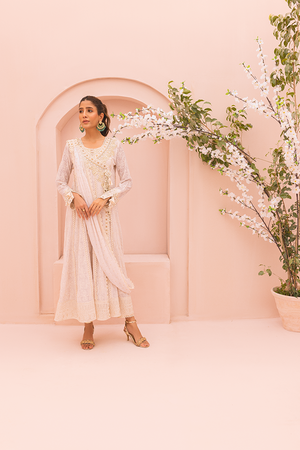 Pakistani Ivory Embroidered Chiffon Angharka Pishwas (3-Piece) - Image 3