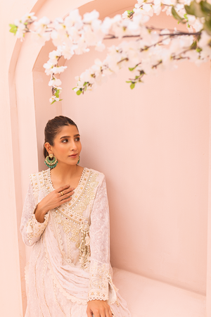 Pakistani Ivory Embroidered Chiffon Angharka Pishwas (3-Piece) - Image 6