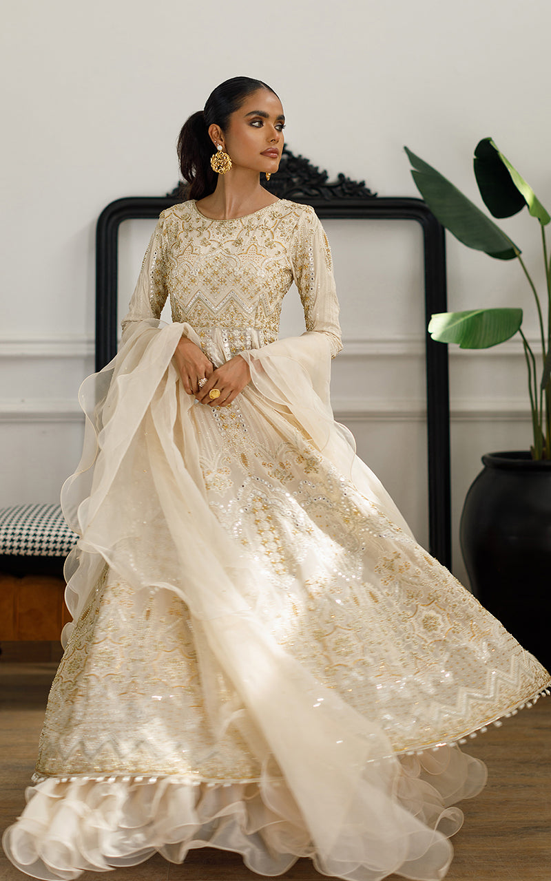 Ivory Embroidered Chiffon Pishwas Dress (2-Piece) - Image 5