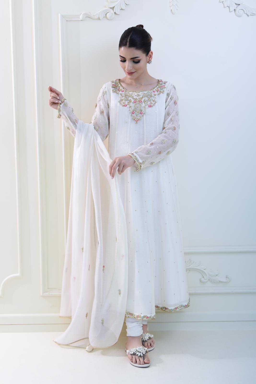 Pakistani Ivory Embroidered Cotton Net Pishwas (3-Piece) - Image 1