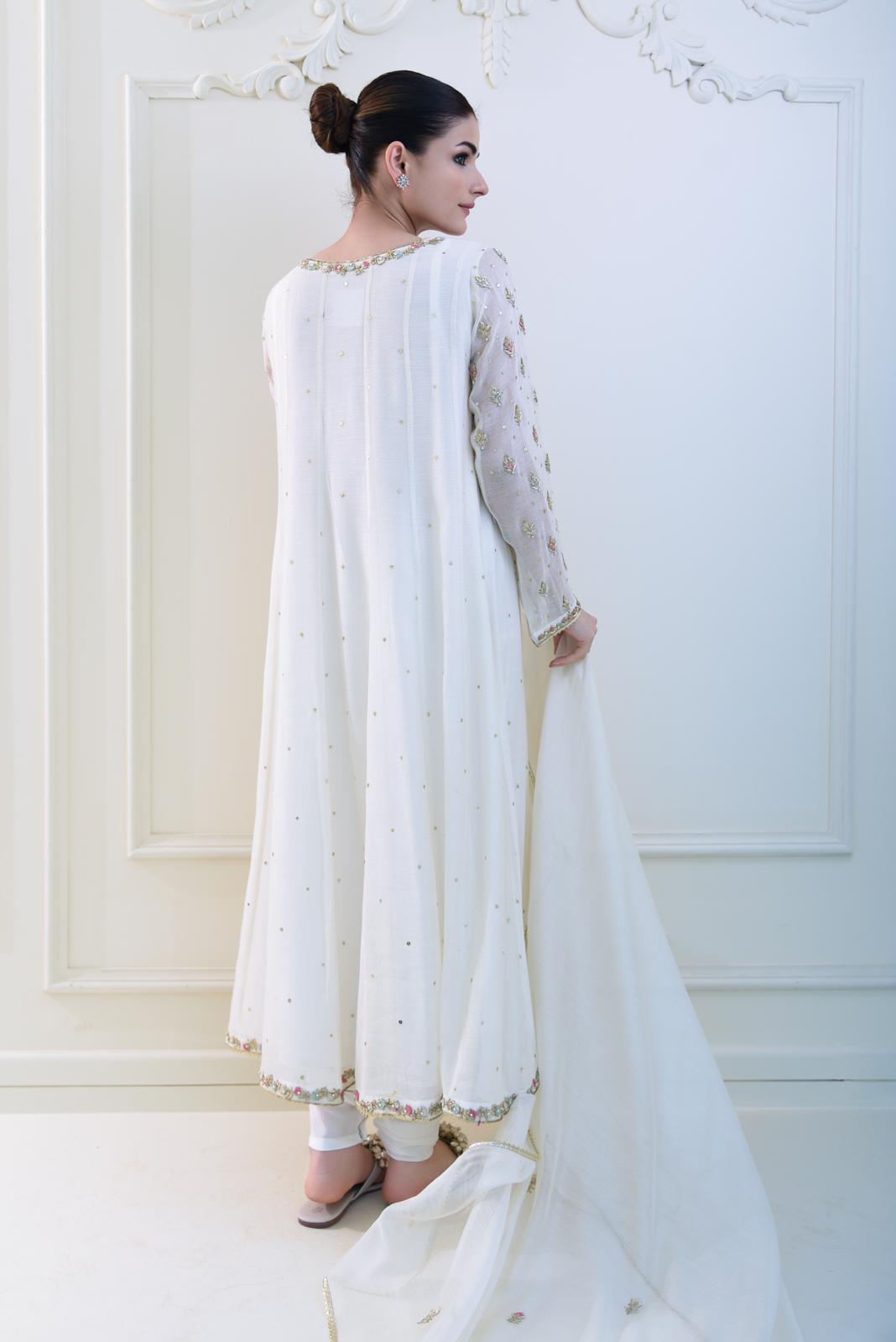 Pakistani Ivory Embroidered Cotton Net Pishwas (3-Piece) - Image 2