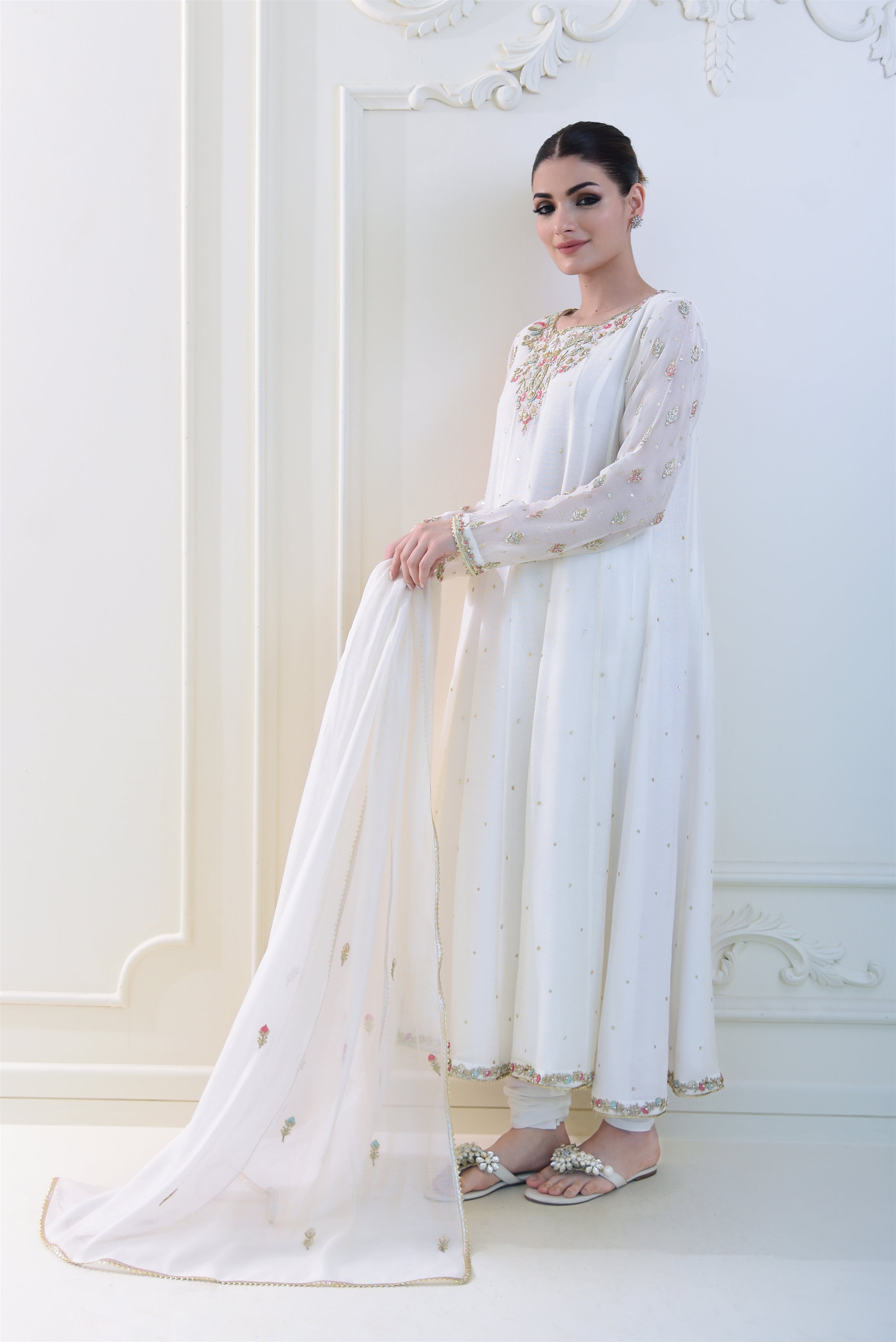 Pakistani Ivory Embroidered Cotton Net Pishwas (3-Piece) - Image 3