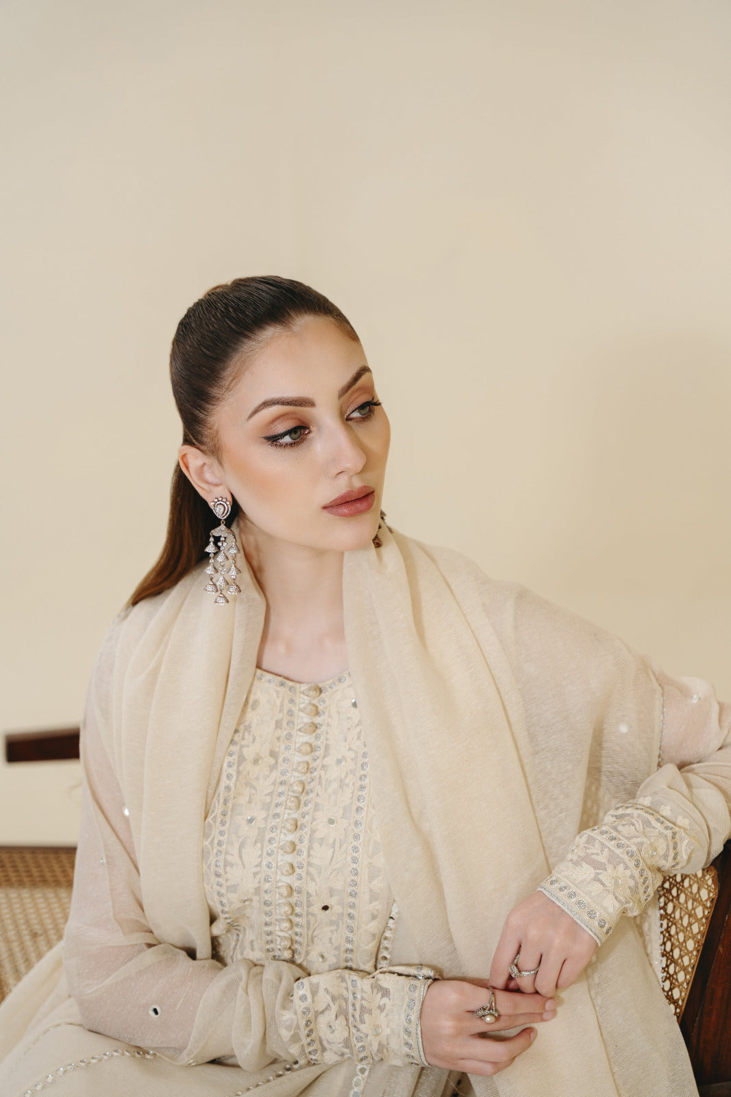 Ivory Sheesha & Ari Embroidered Cotton Net Pishwas (3-Piece) - Image 3