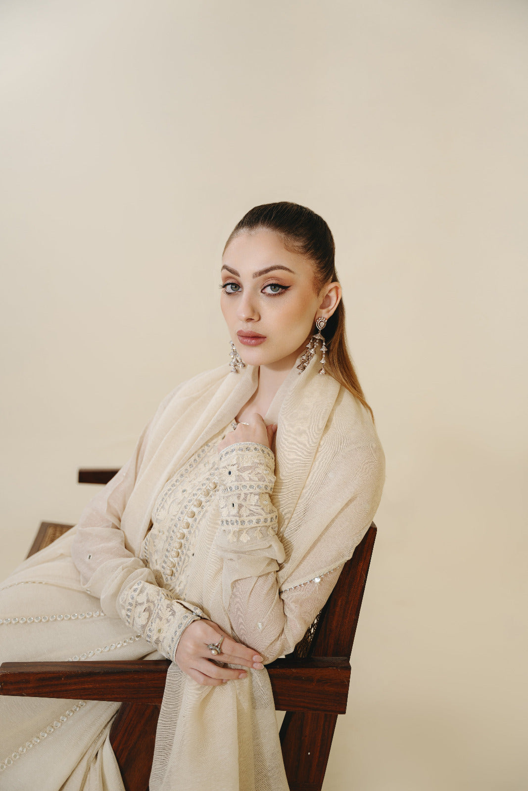 Ivory Sheesha & Ari Embroidered Cotton Net Pishwas (3-Piece) - Image 4