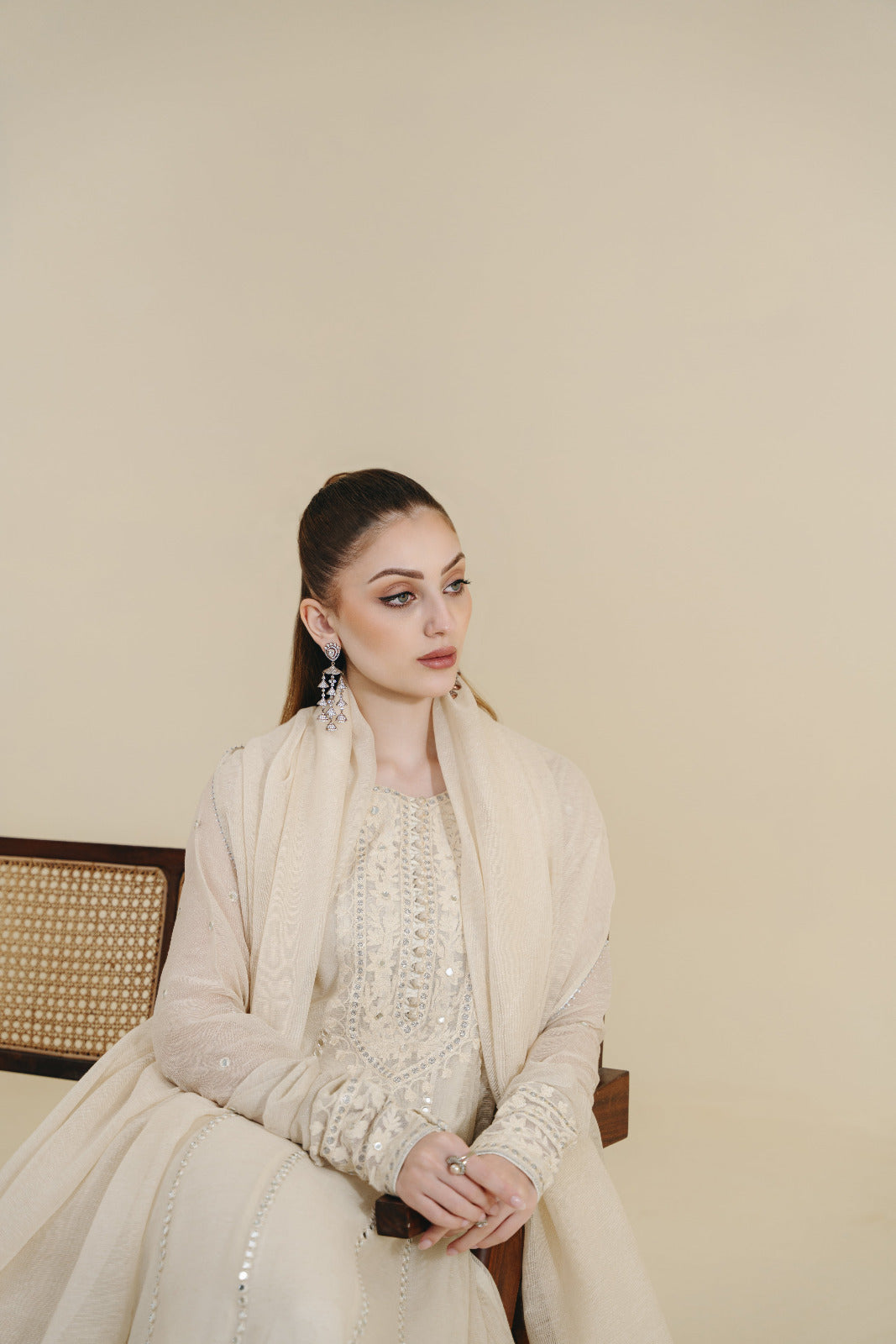 Ivory Sheesha & Ari Embroidered Cotton Net Pishwas (3-Piece) - Image 7
