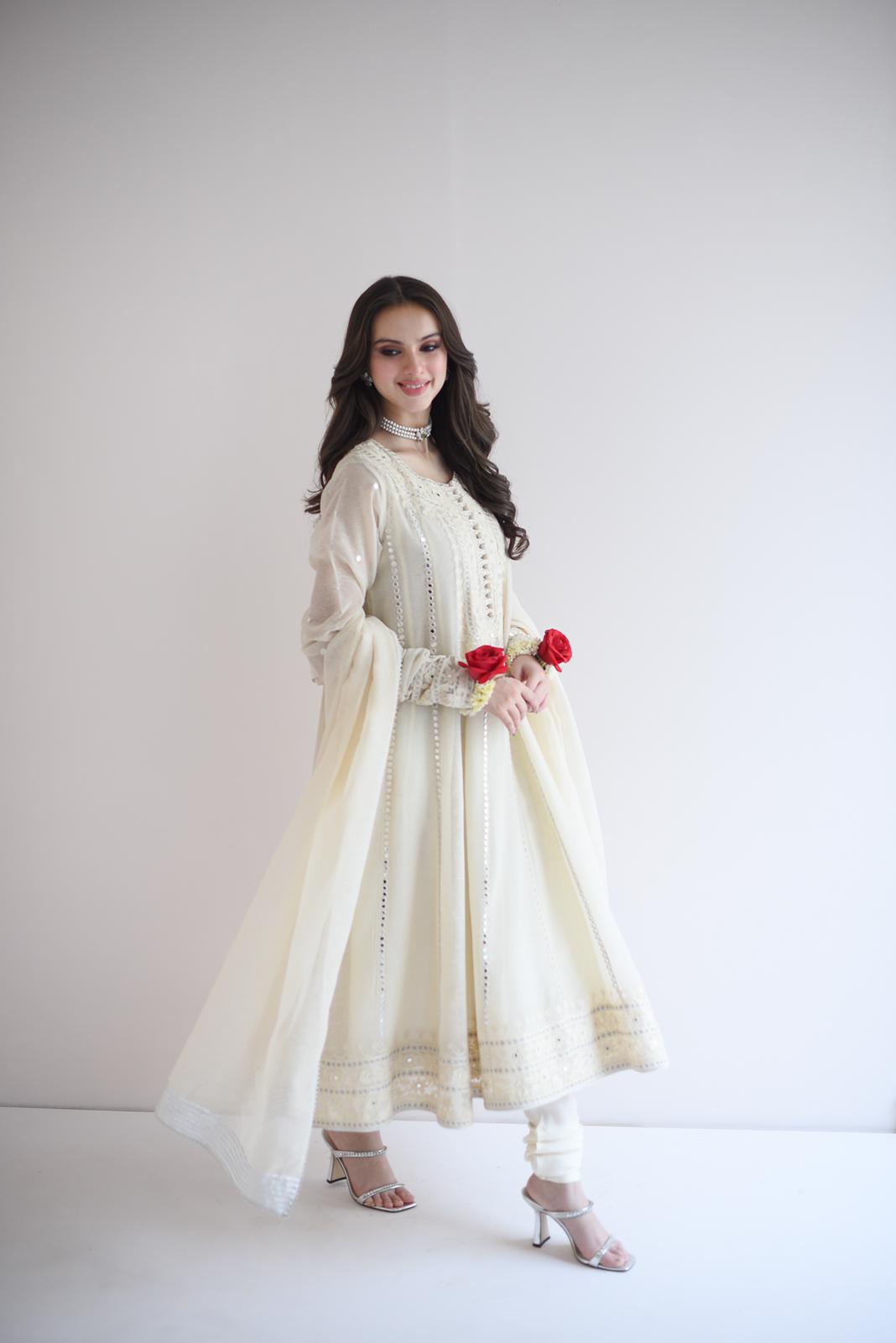 Ivory Sheesha & Ari Embroidered Cotton Net Pishwas (3-Piece) - Image 3