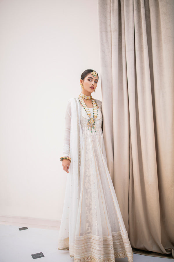 Pakistani Off-White Embroidered Cotton Net Pishwas (3-Piece) - Image 1