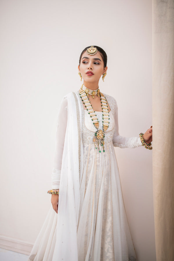 Pakistani Off-White Embroidered Cotton Net Pishwas (3-Piece) - Image 2