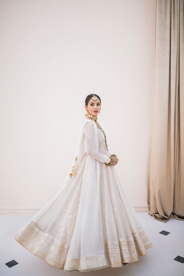 Pakistani Off-White Embroidered Cotton Net Pishwas (3-Piece) - Image 3