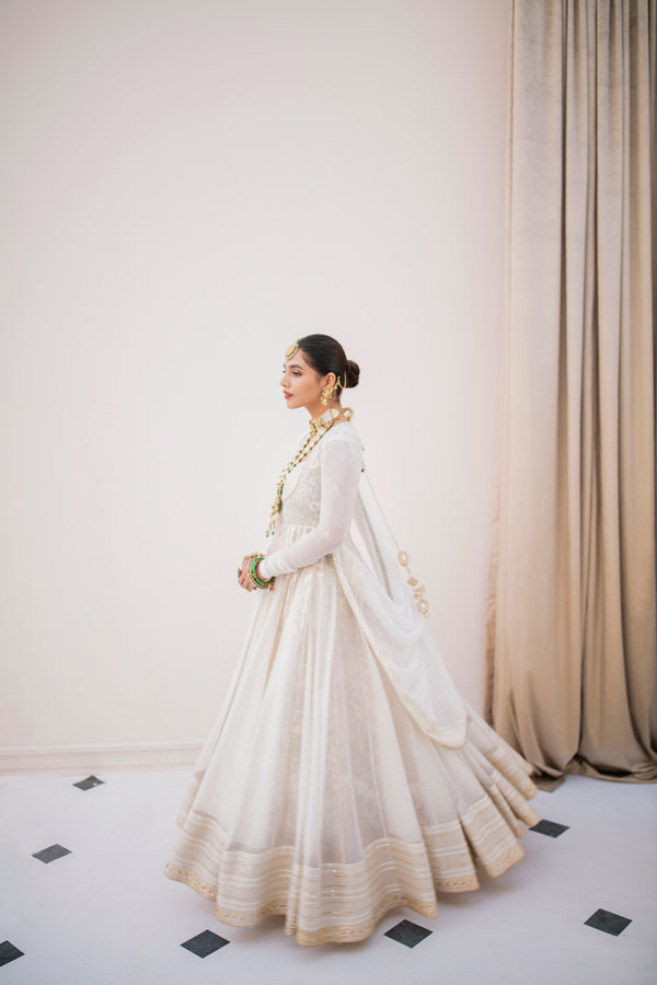 Pakistani Off-White Embroidered Cotton Net Pishwas (3-Piece) - Image 4