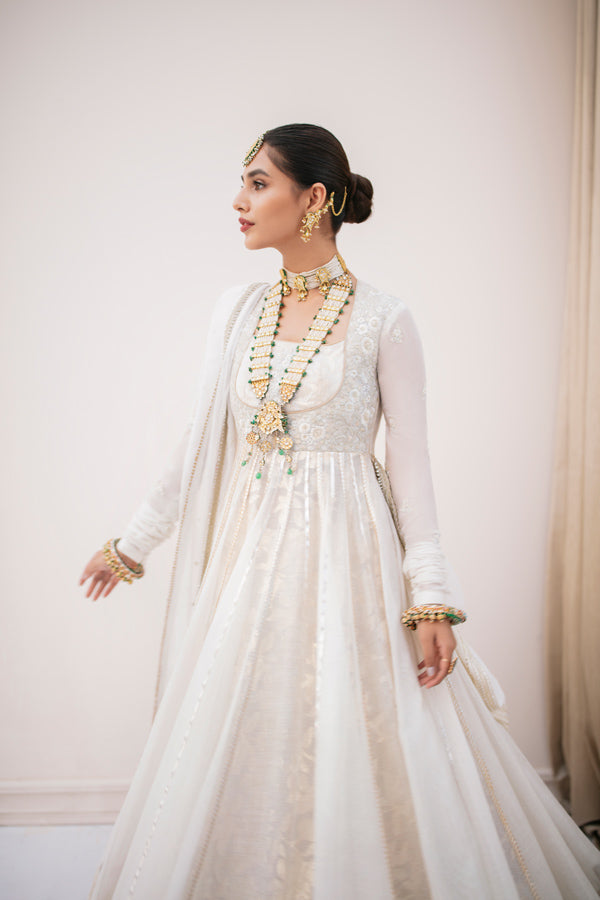 Pakistani Off-White Embroidered Cotton Net Pishwas (3-Piece) - Image 5