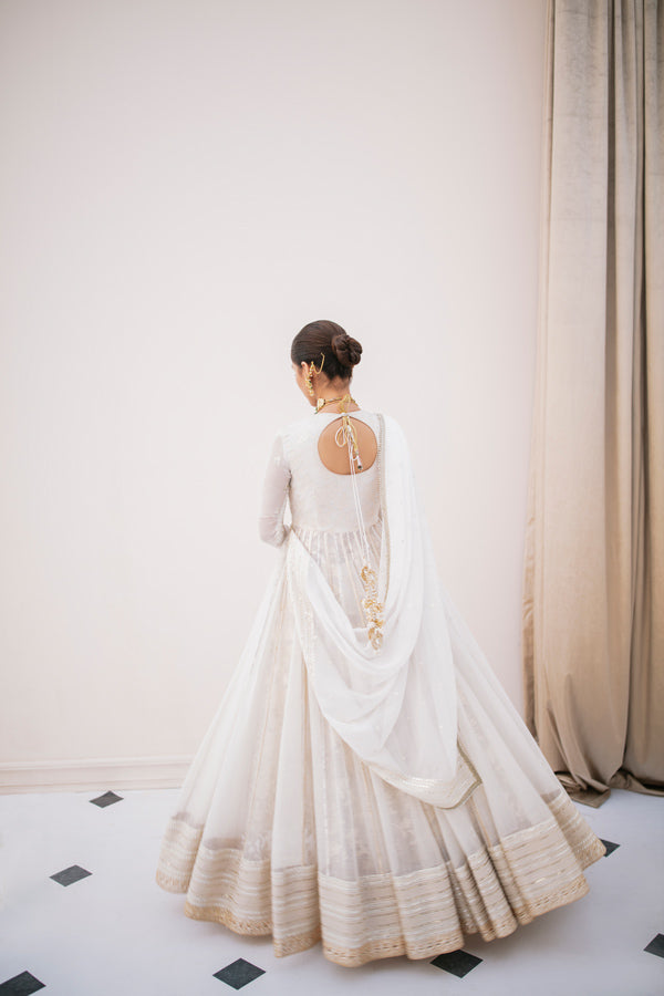 Pakistani Off-White Embroidered Cotton Net Pishwas (3-Piece) - Image 6