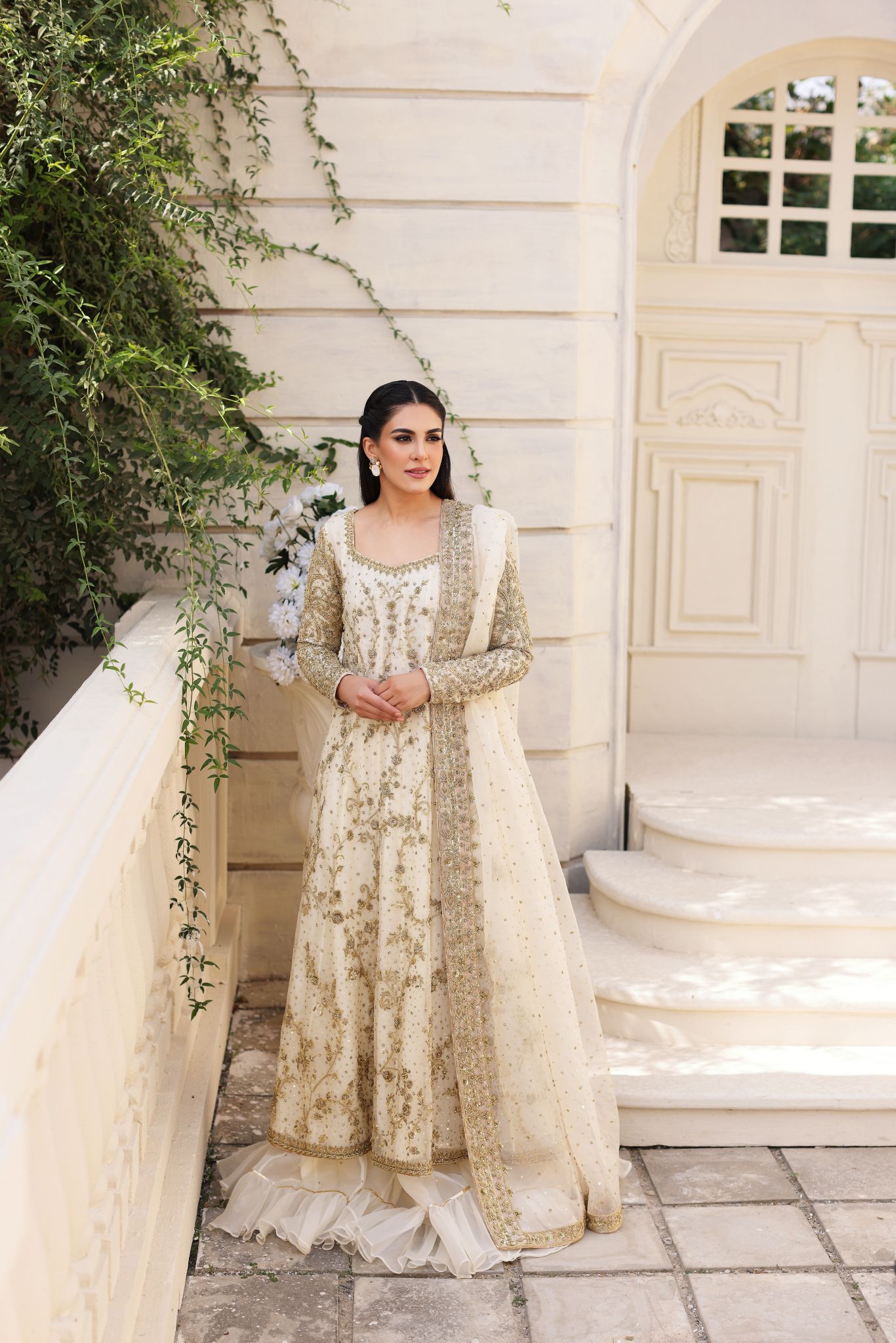 Ivory Gold Ada Work Cotton Net Pishwas (3-Piece) - Image 1