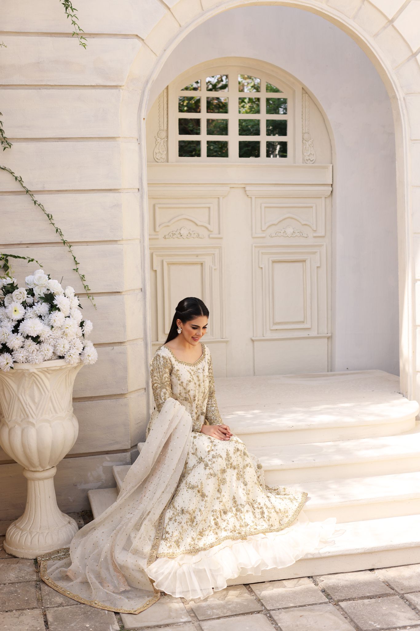 Ivory Gold Ada Work Cotton Net Pishwas (3-Piece) - Image 2