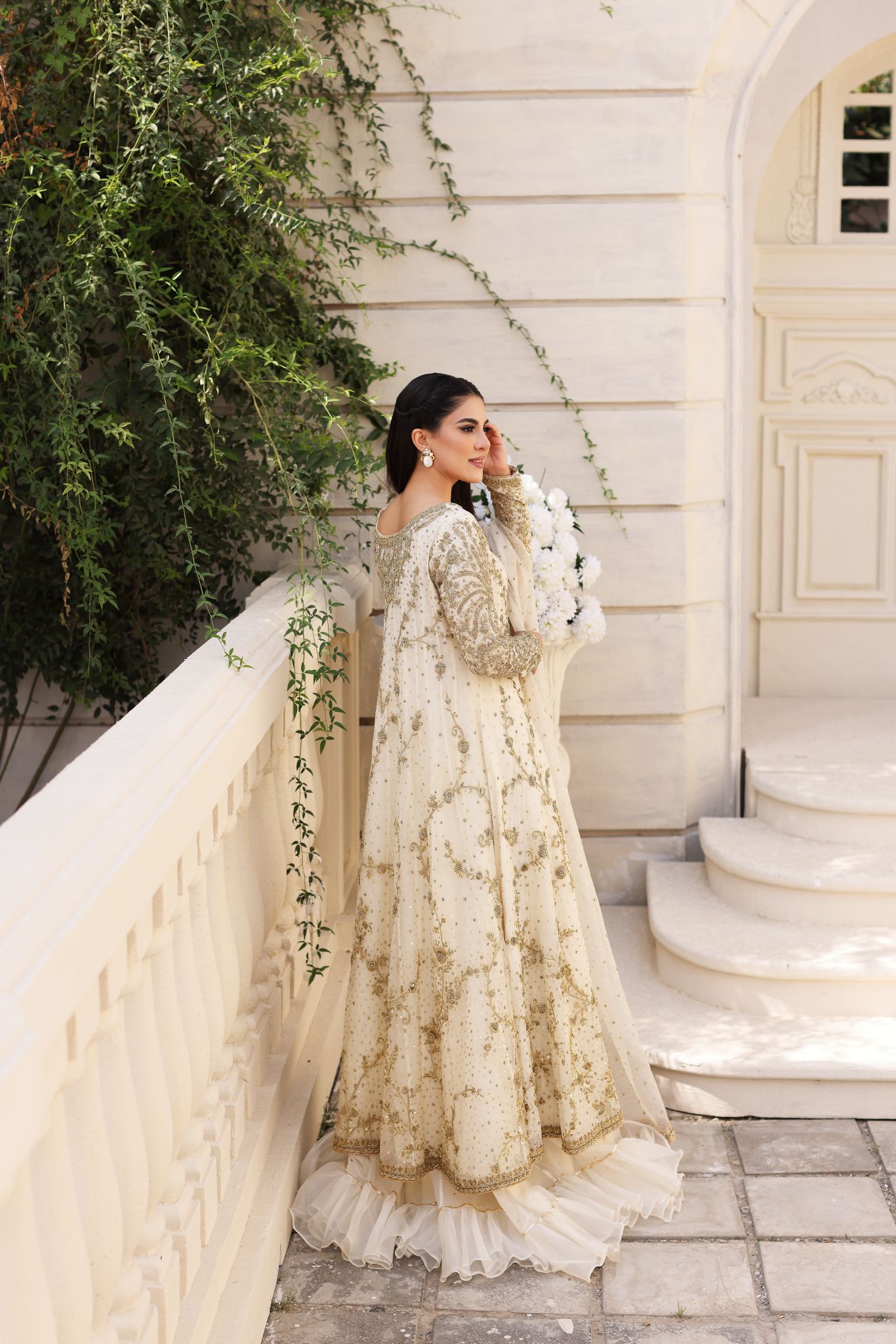 Ivory Gold Ada Work Cotton Net Pishwas (3-Piece) - Image 3