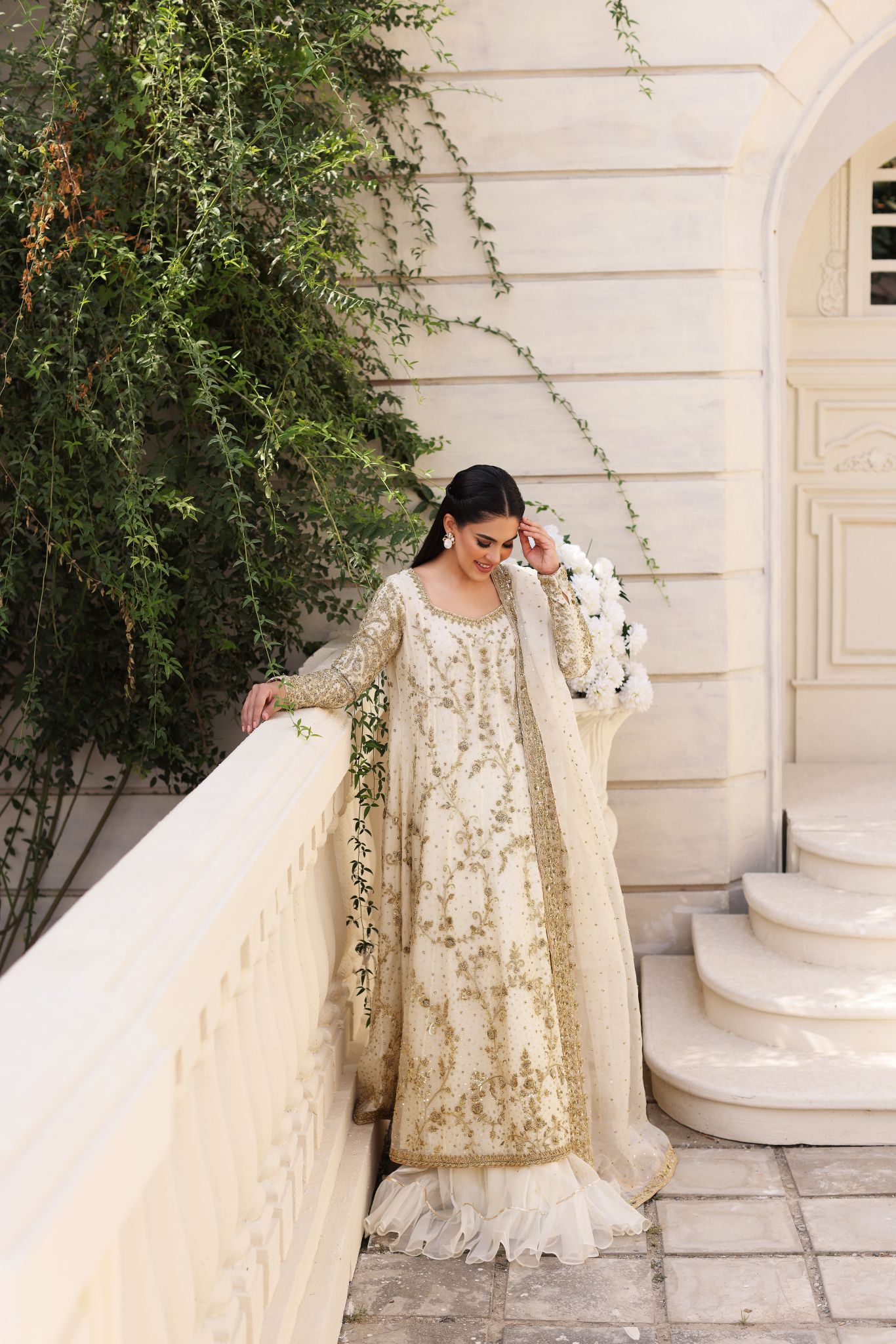 Ivory Gold Ada Work Cotton Net Pishwas (3-Piece) - Image 4