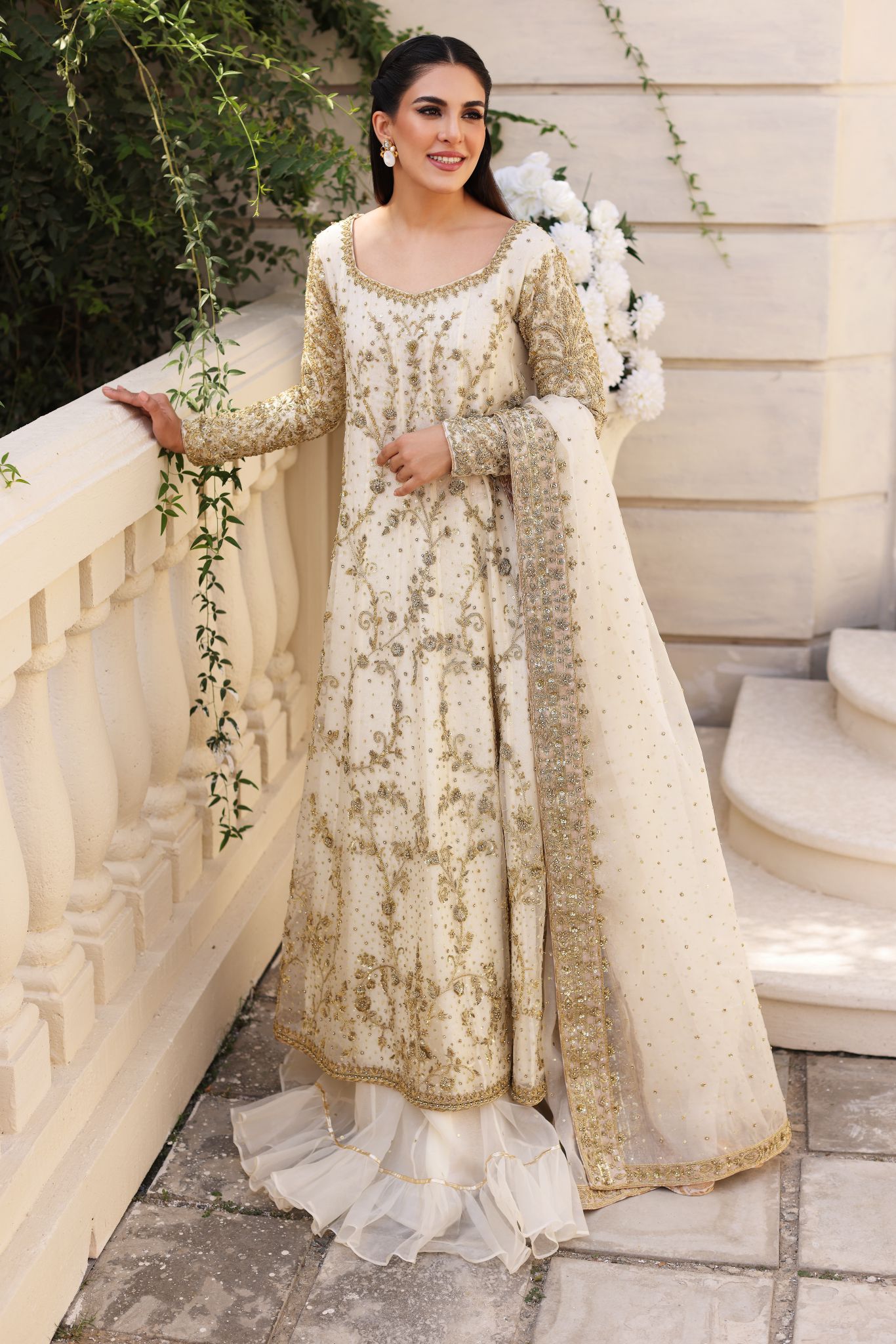 Ivory Gold Ada Work Cotton Net Pishwas (3-Piece) - Image 5