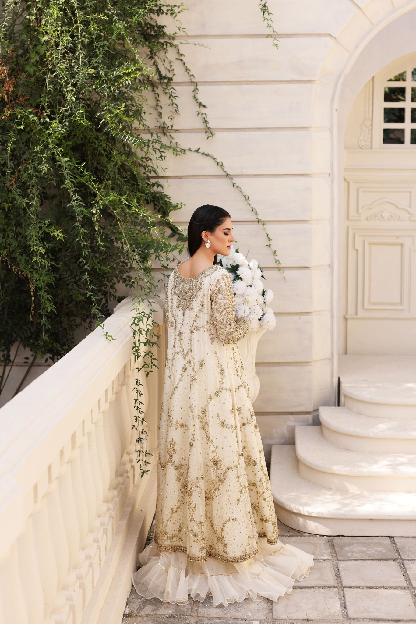 Ivory Gold Ada Work Cotton Net Pishwas (3-Piece) - Image 6