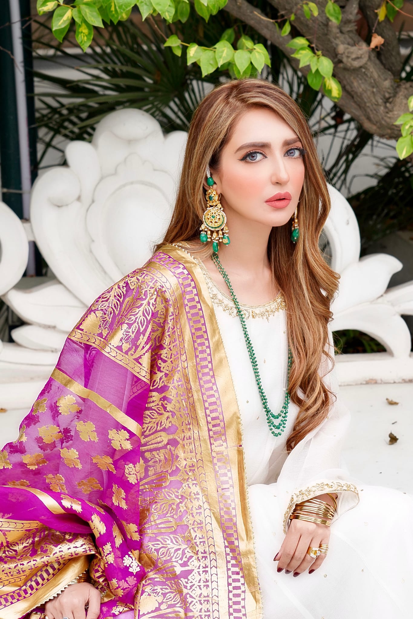 Pakistani Ivory Hand Embellished Cotton Net Pishwas (3-Piece) - Image 2