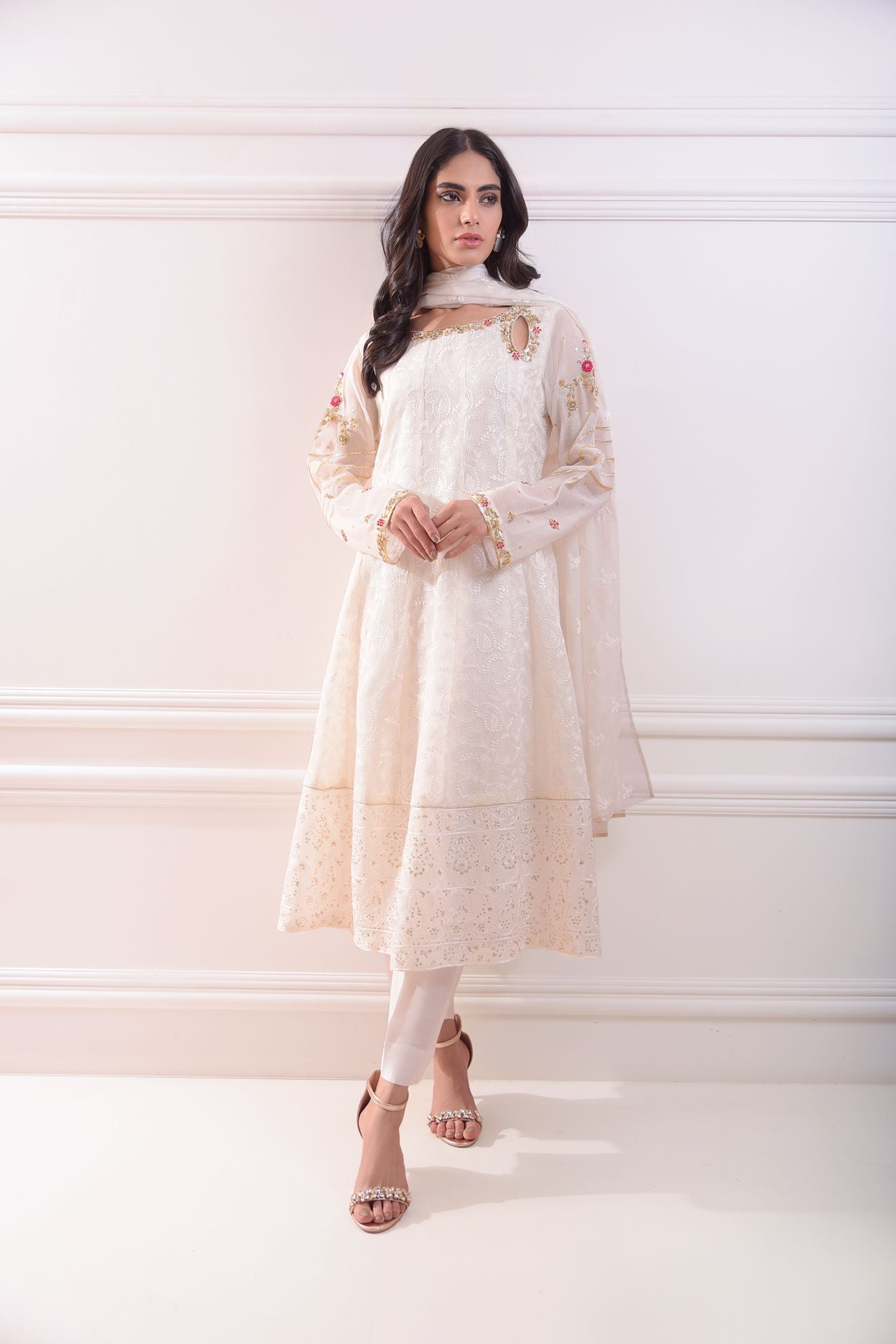 Pakistani Ivory Pearl & Gold Ada Work Cotton Net Pishwas (3-Piece) - Image 1