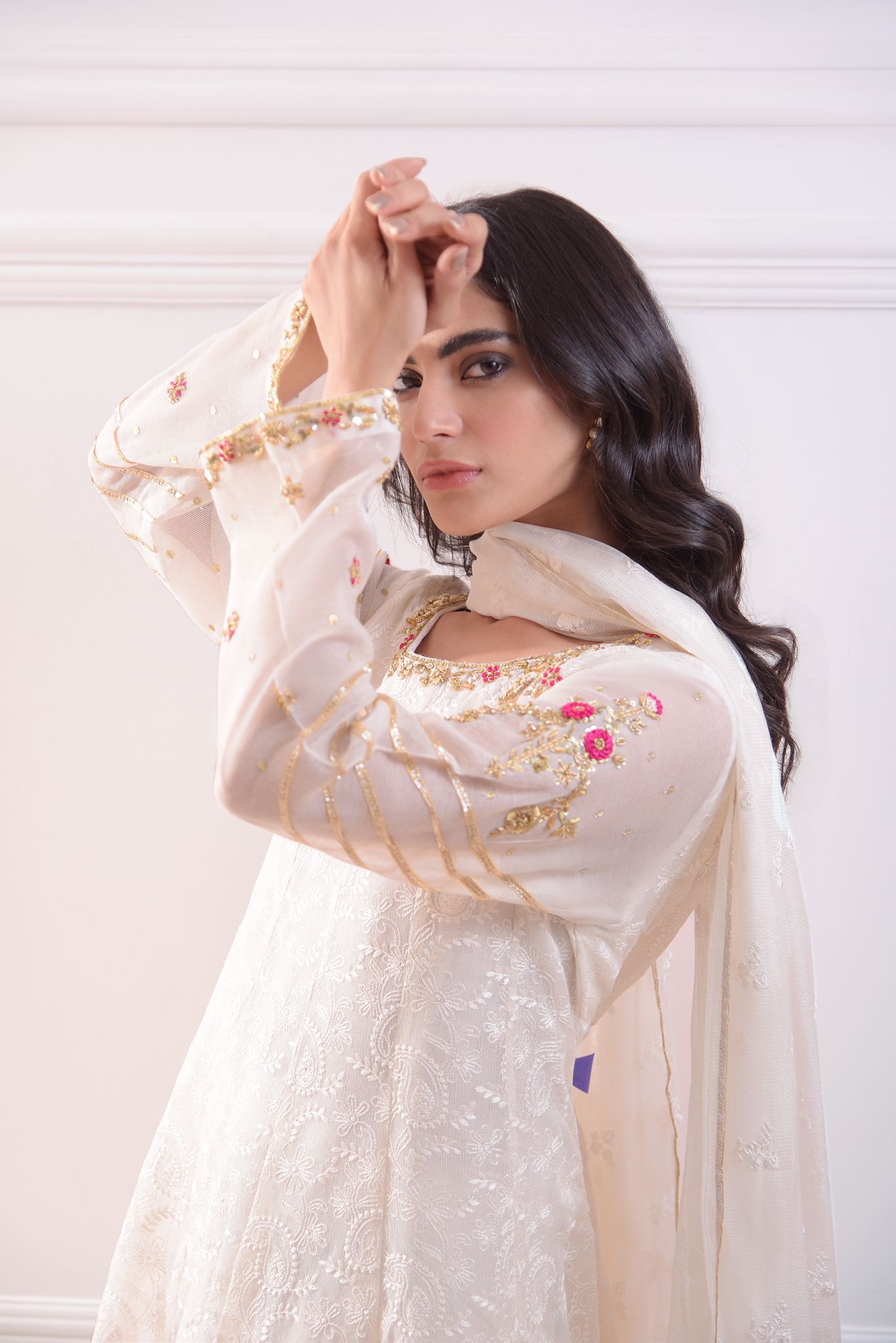 Pakistani Ivory Pearl & Gold Ada Work Cotton Net Pishwas (3-Piece) - Image 2